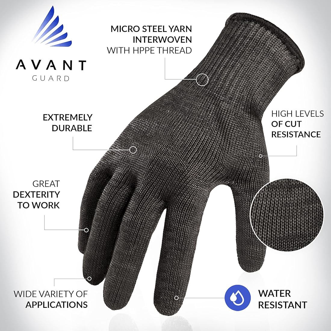 Avant-Steel. Black. Steel Fibre Yarn. Cut & Abrasion Resistant Glove. 1 Pair. Ambidextrous. (Extra Large)