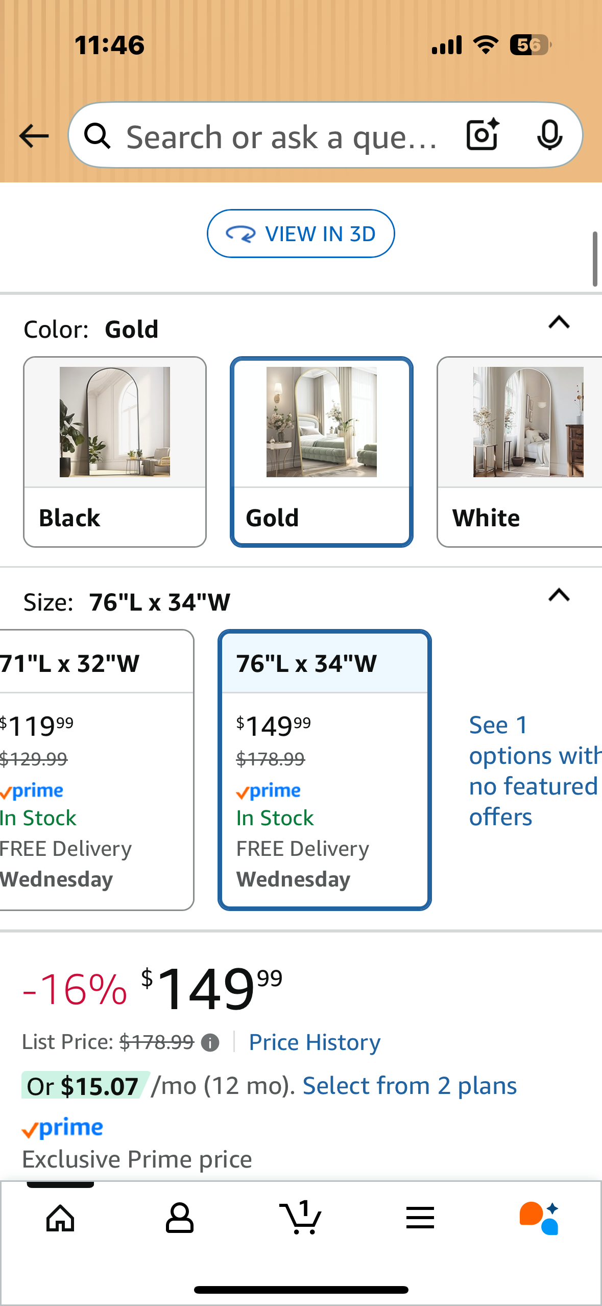MELOMOIR 76"x34" Gold Full Length Arch Large Mirror for Bedroom, Living Room, Cloakroom Home Gym, Free Standing Leaning or Wall Mounted, Arched Top Aluminum Frame, Tempered Glass (M394)
