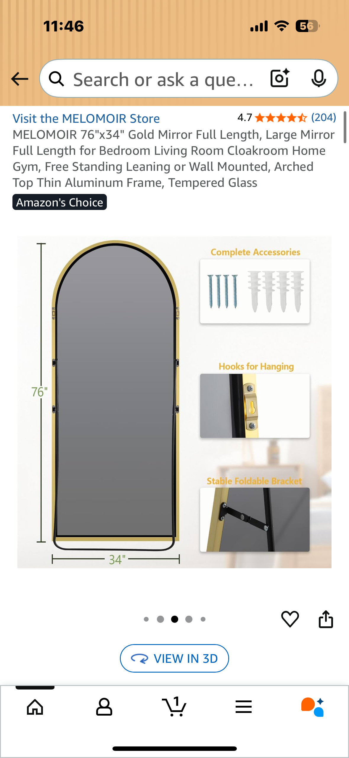 MELOMOIR 76"x34" Gold Full Length Arch Large Mirror for Bedroom, Living Room, Cloakroom Home Gym, Free Standing Leaning or Wall Mounted, Arched Top Aluminum Frame, Tempered Glass (M394)