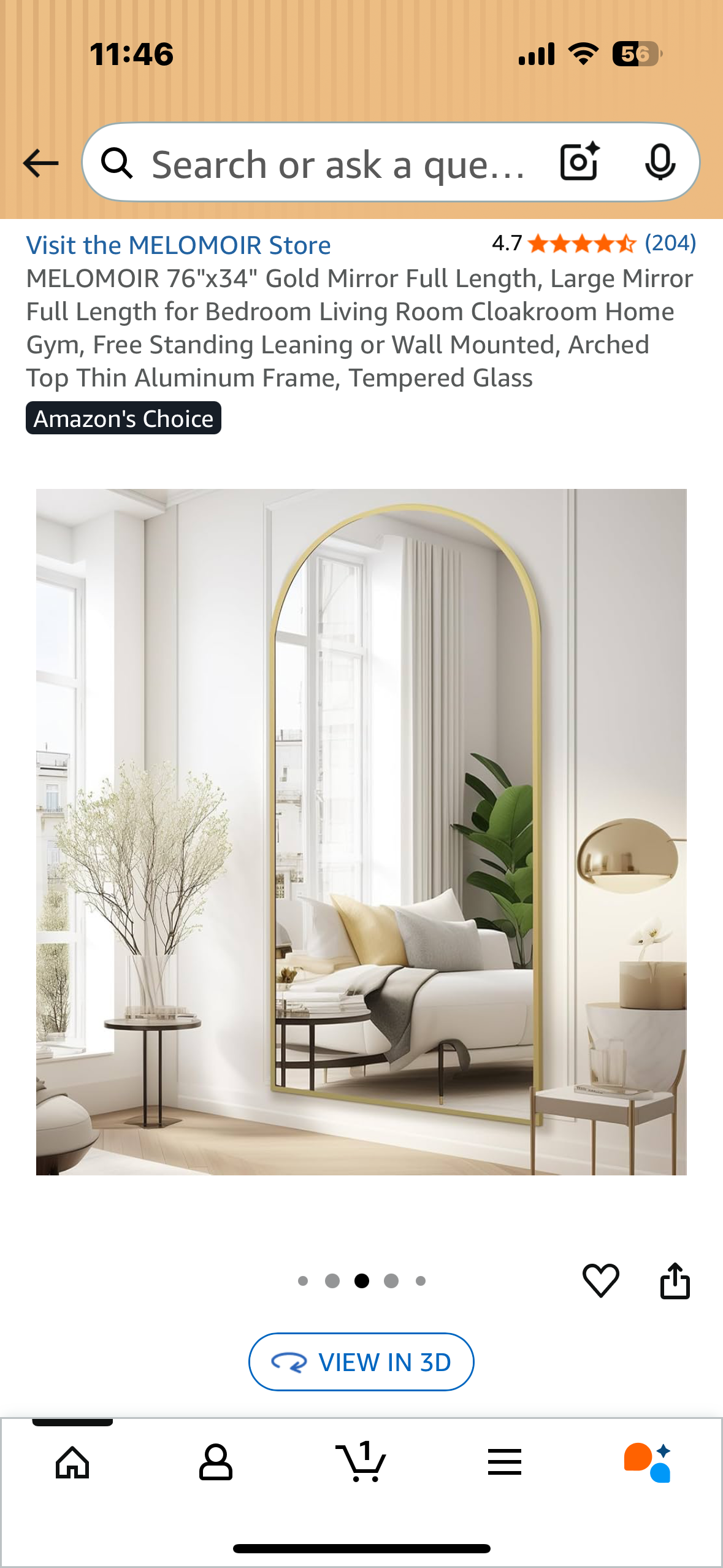 MELOMOIR 76"x34" Gold Full Length Arch Large Mirror for Bedroom, Living Room, Cloakroom Home Gym, Free Standing Leaning or Wall Mounted, Arched Top Aluminum Frame, Tempered Glass (M394)