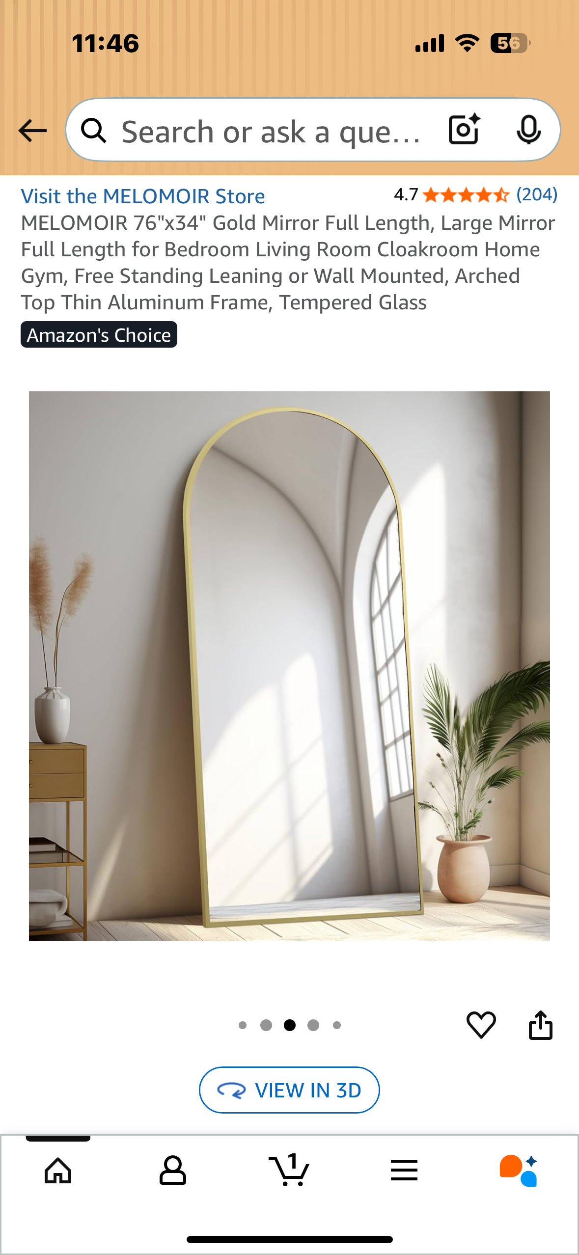 MELOMOIR 76"x34" Gold Full Length Arch Large Mirror for Bedroom, Living Room, Cloakroom Home Gym, Free Standing Leaning or Wall Mounted, Arched Top Aluminum Frame, Tempered Glass (M394)