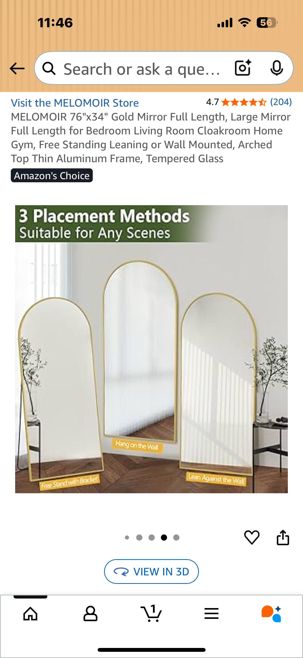 MELOMOIR 76"x34" Gold Full Length Arch Large Mirror for Bedroom, Living Room, Cloakroom Home Gym, Free Standing Leaning or Wall Mounted, Arched Top Aluminum Frame, Tempered Glass (M394)