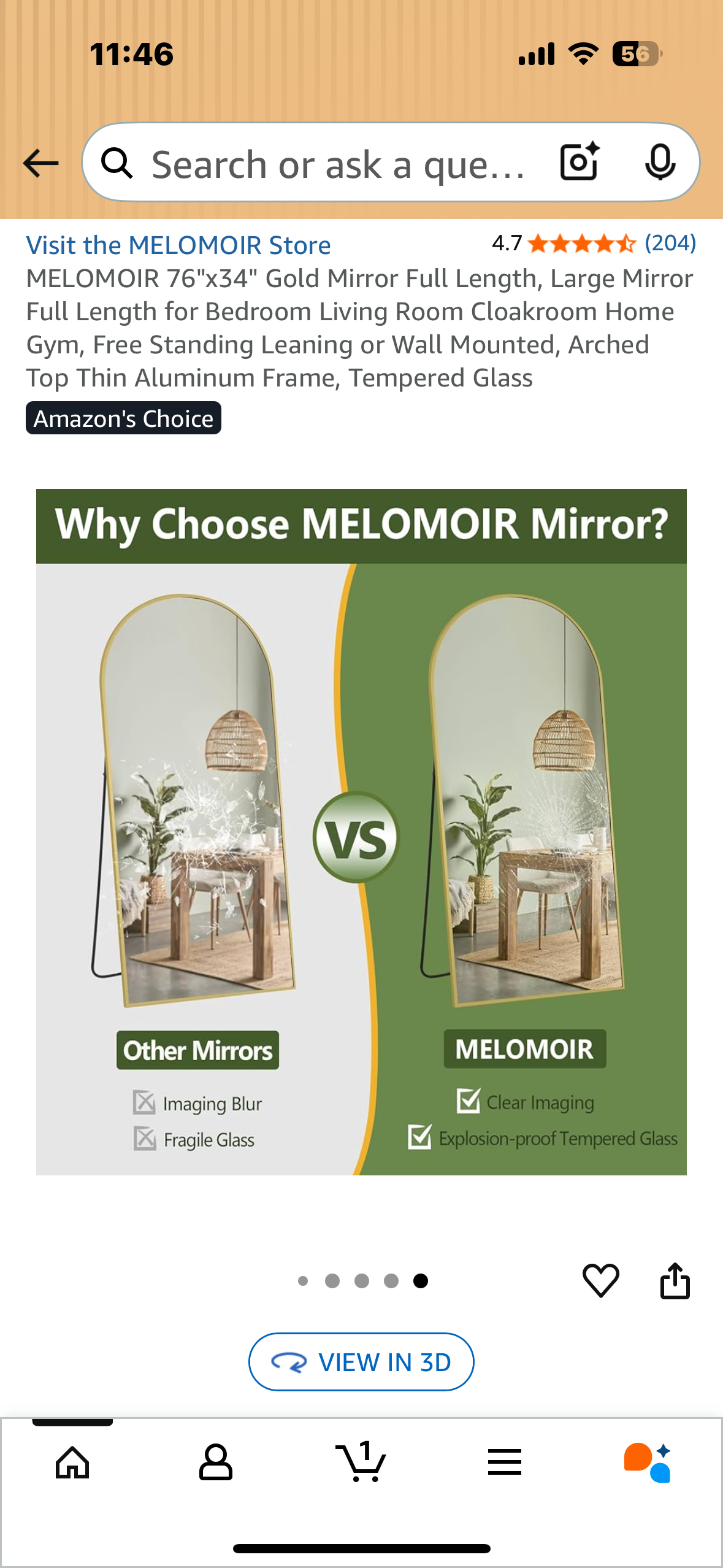 MELOMOIR 76"x34" Gold Full Length Arch Large Mirror for Bedroom, Living Room, Cloakroom Home Gym, Free Standing Leaning or Wall Mounted, Arched Top Aluminum Frame, Tempered Glass (M394)