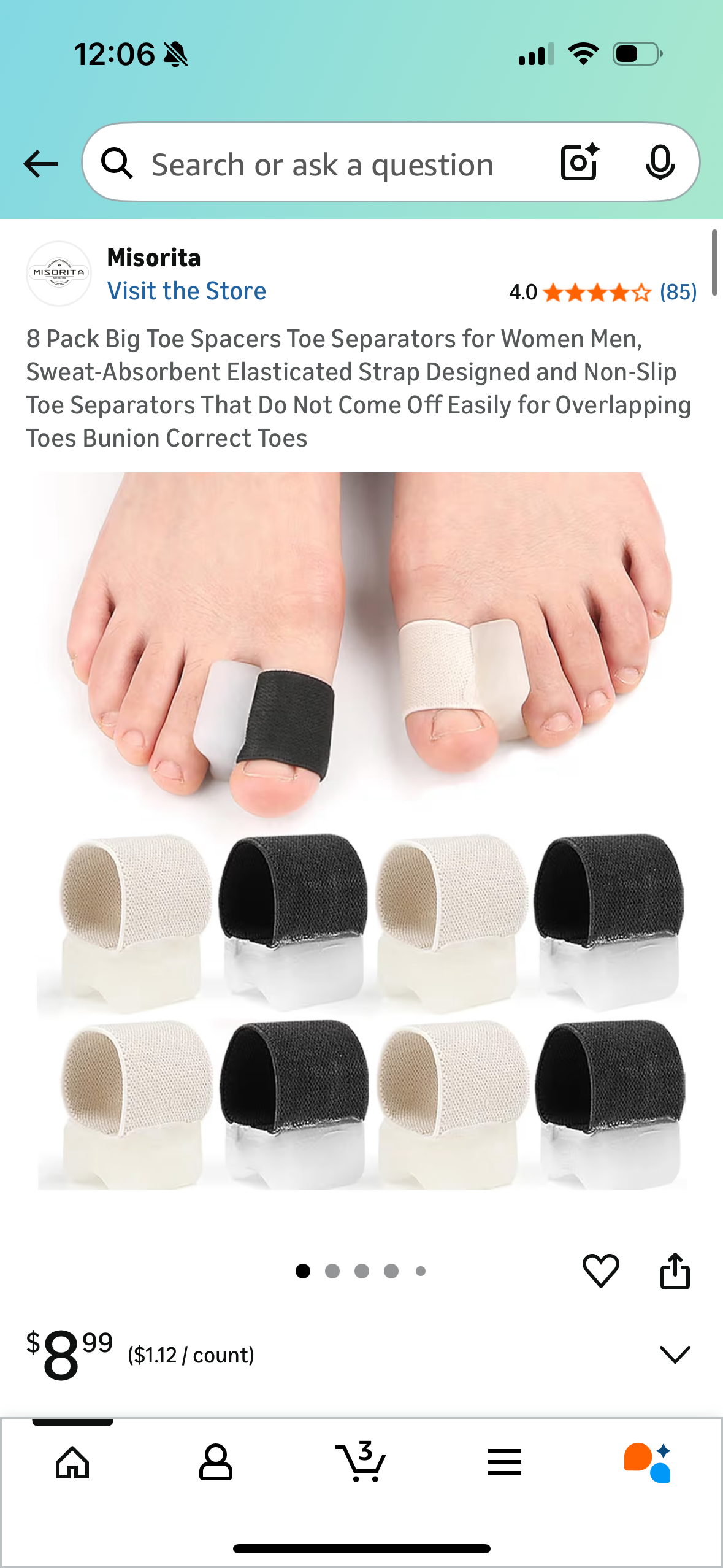 8 Pack Big Toe Spacers Toe Separators for Women Men, Sweat-Absorbent Elasticated Strap Designed and Non-Slip Toe Separators That Do Not Come Off Easily for Overlapping Toes Bunion Correct Toes