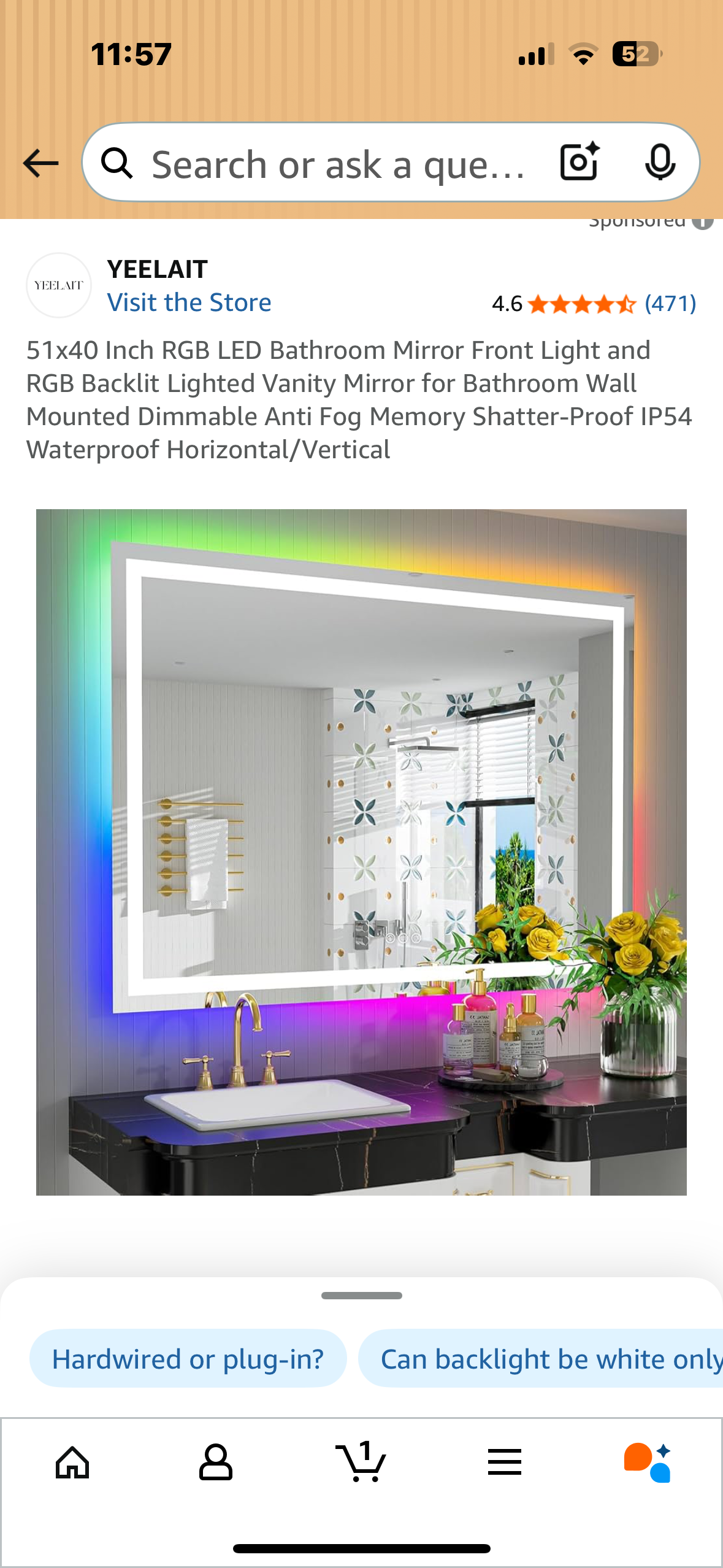 51x40 Inch RGB LED Bathroom Mirror, Front Light and RGB Backlit Lighted Vanity Mirror, Wall Mounted, Dimmable, Anti Fog, Shatter-Proof IP54 Waterproof (M395)