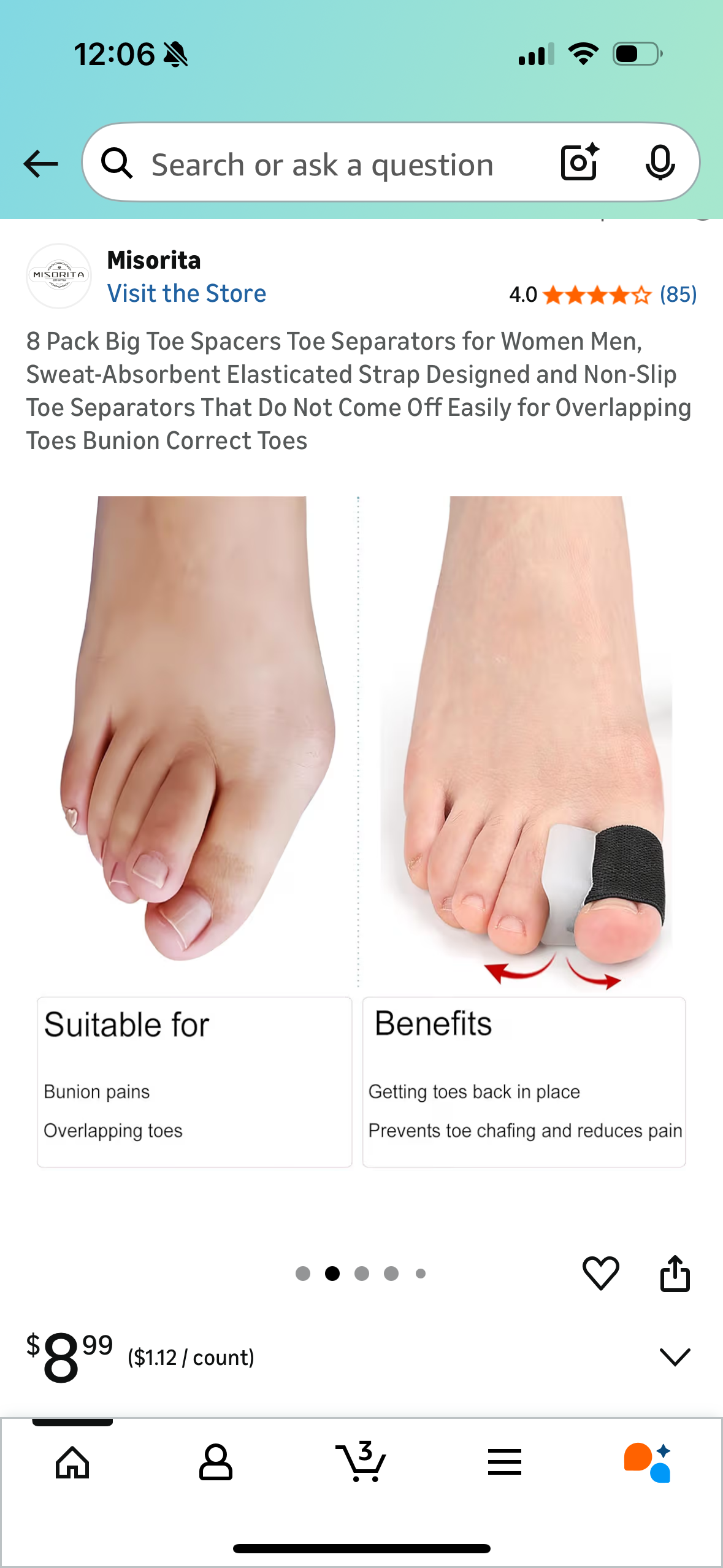 8 Pack Big Toe Spacers Toe Separators for Women Men, Sweat-Absorbent Elasticated Strap Designed and Non-Slip Toe Separators That Do Not Come Off Easily for Overlapping Toes Bunion Correct Toes
