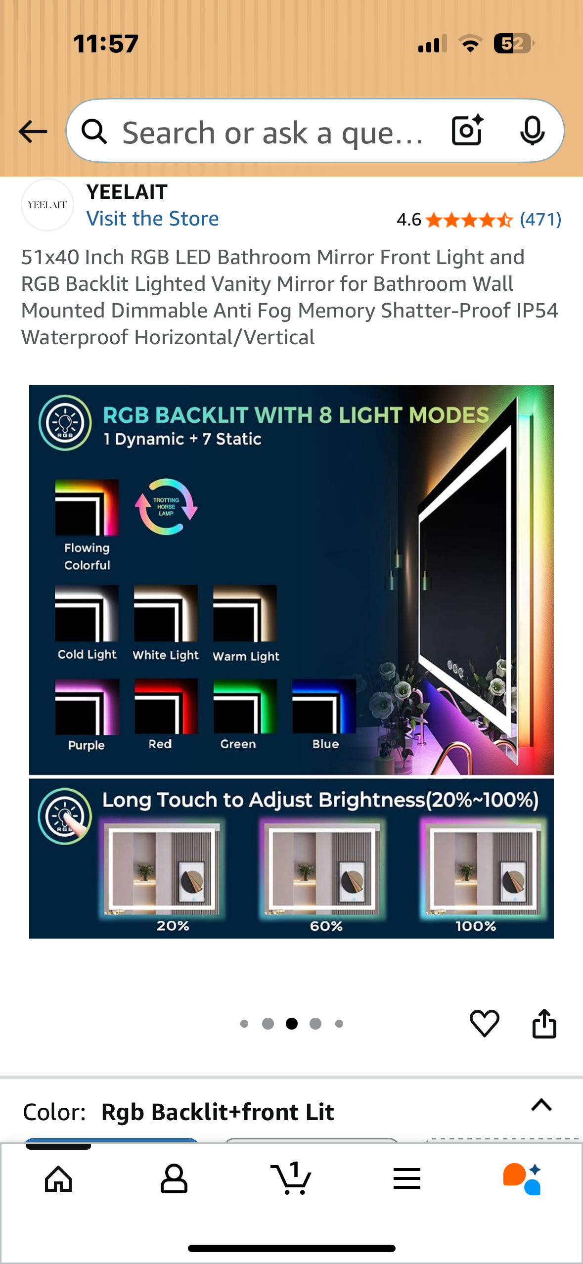 51x40 Inch RGB LED Bathroom Mirror, Front Light and RGB Backlit Lighted Vanity Mirror, Wall Mounted, Dimmable, Anti Fog, Shatter-Proof IP54 Waterproof (M395)