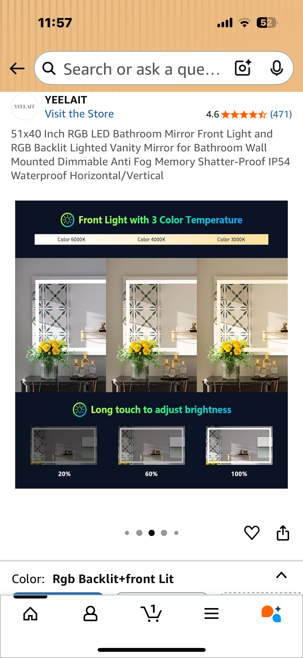 51x40 Inch RGB LED Bathroom Mirror, Front Light and RGB Backlit Lighted Vanity Mirror, Wall Mounted, Dimmable, Anti Fog, Shatter-Proof IP54 Waterproof (M395)