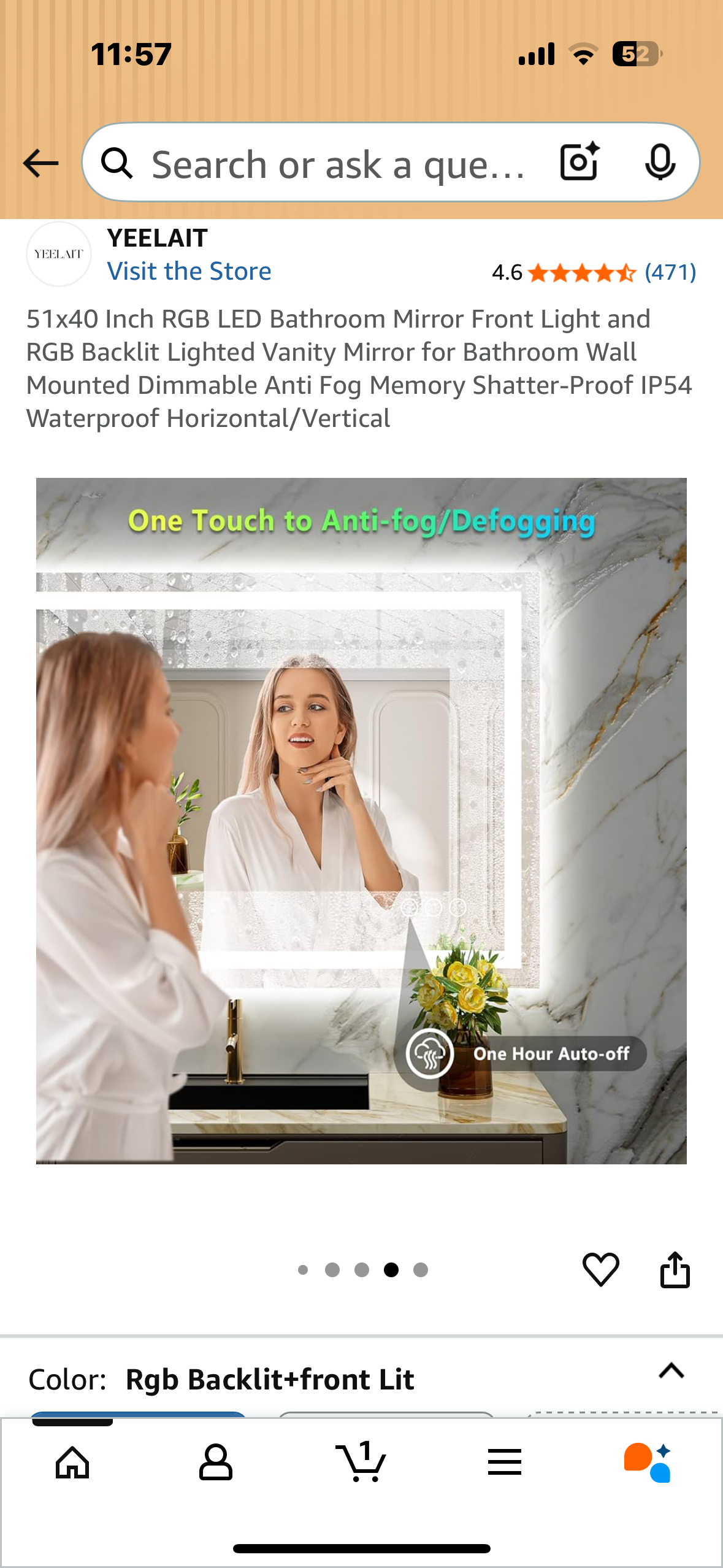 51x40 Inch RGB LED Bathroom Mirror, Front Light and RGB Backlit Lighted Vanity Mirror, Wall Mounted, Dimmable, Anti Fog, Shatter-Proof IP54 Waterproof (M395)
