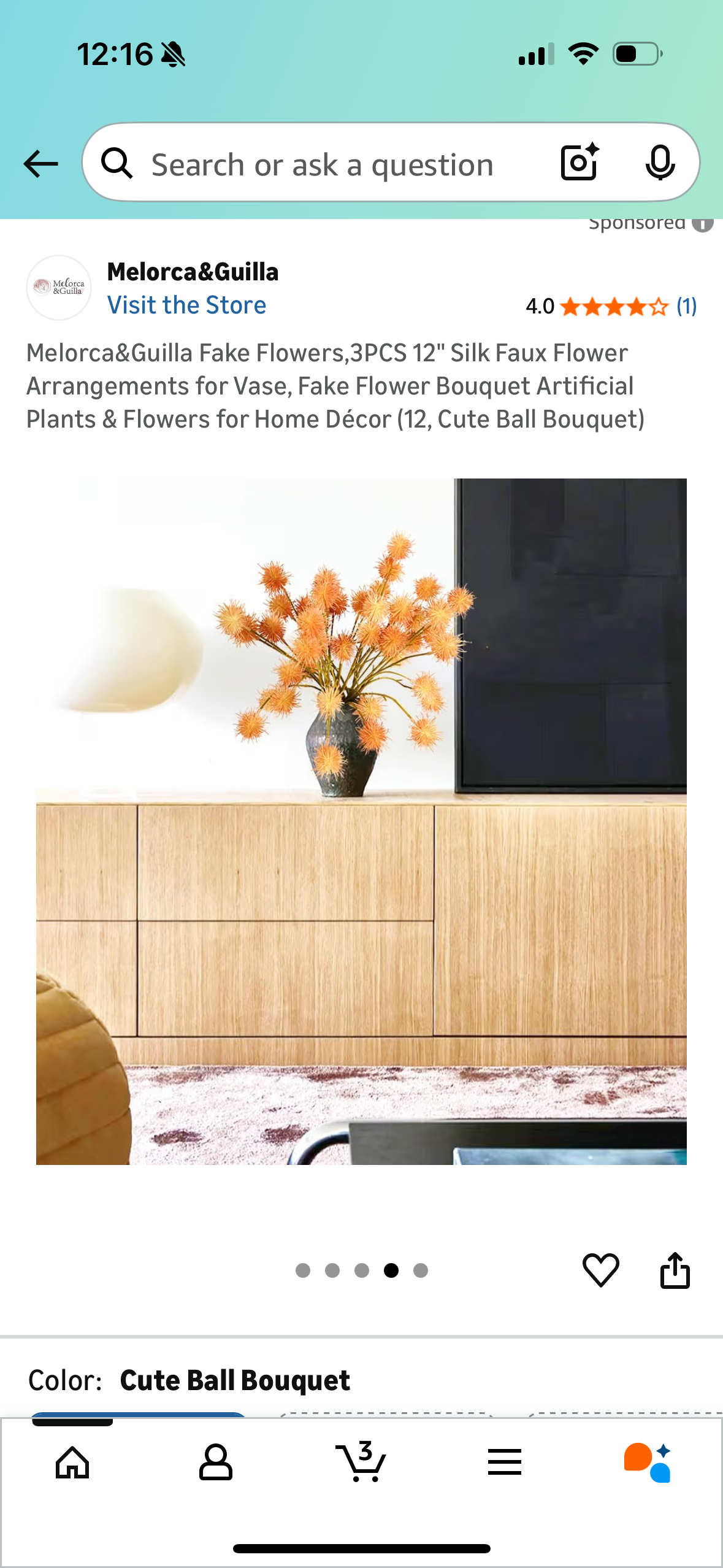 Melorca&Guilla Fake Flowers,3PCS 12" Silk Faux Flower Arrangements for Vase, Fake Flower Bouquet Artificial Plants & Flowers for Home Décor (12, Cute Ball Bouquet)