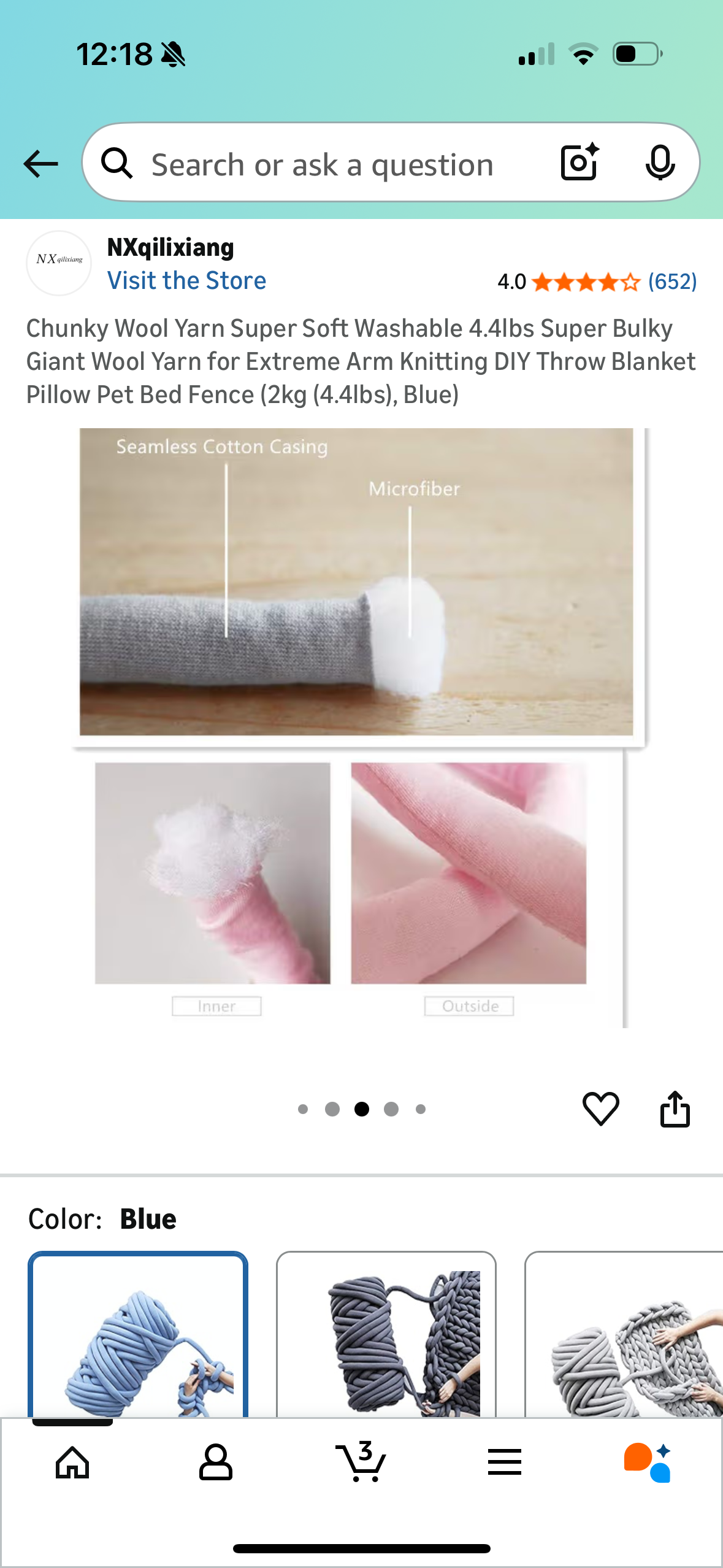 Chunky Wool Yarn Super Soft Washable 4.4lbs Super Bulky Giant Wool Yarn for Extreme Arm Knitting DIY Throw Blanket Pillow Pet Bed Fence (2kg (4.4lbs), Blue)