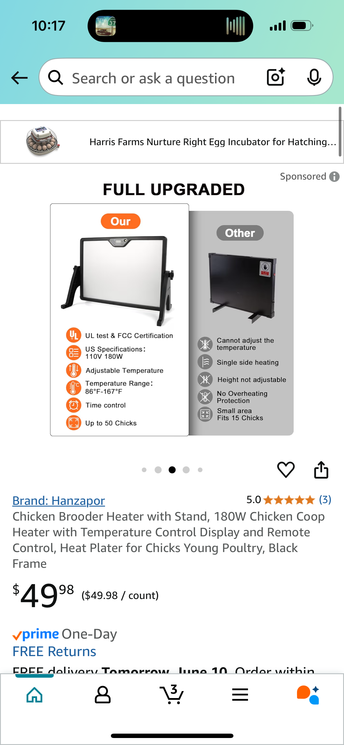 Chicken Brooder Heater with Stand, 180W Chicken Coop Heater with Temperature Control Display and Remote Control, Heat Plater for Chicks Young Poultry, Black Frame