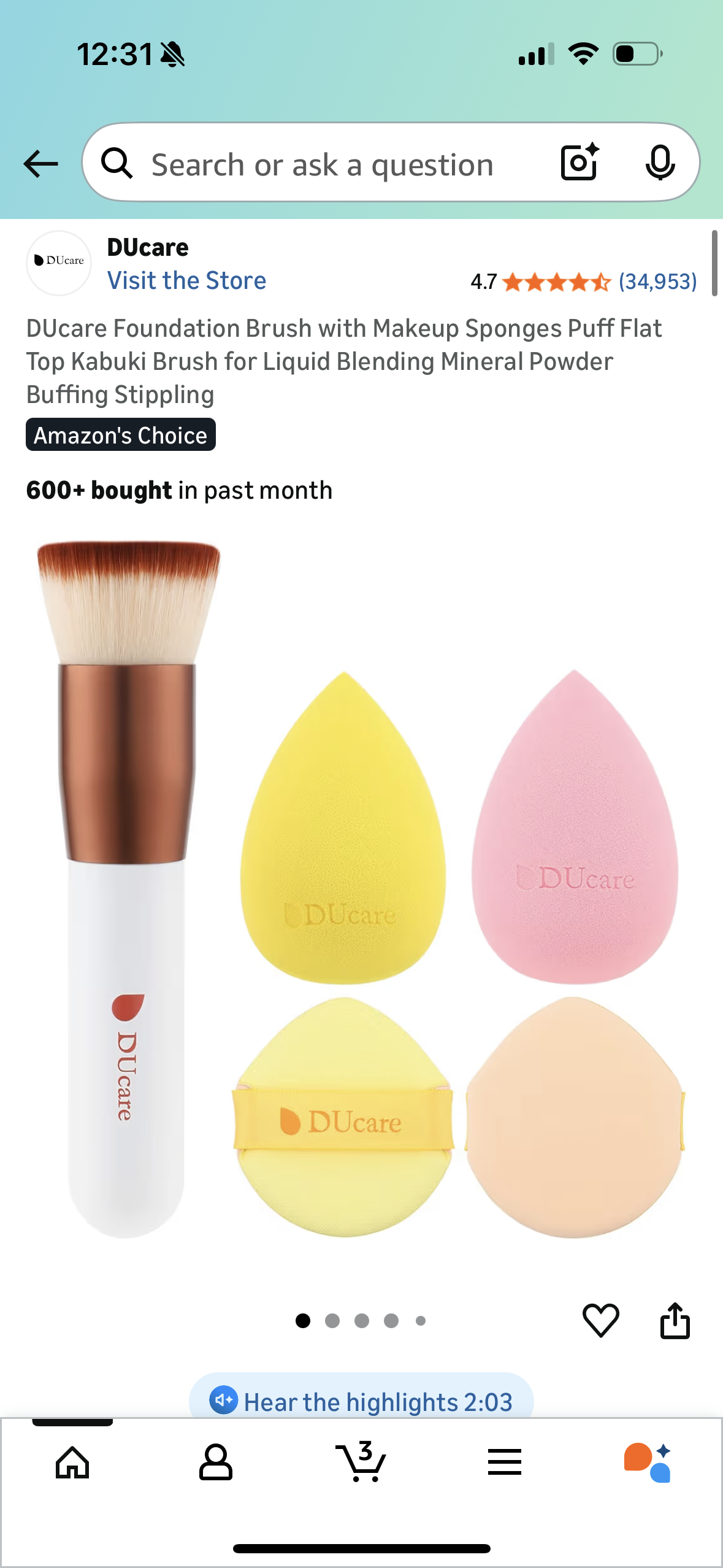 DUcare Foundation Brush with Makeup Sponges Puff Flat Top Kabuki Brush for Liquid Blending Mineral Powder Buffing Stippling
