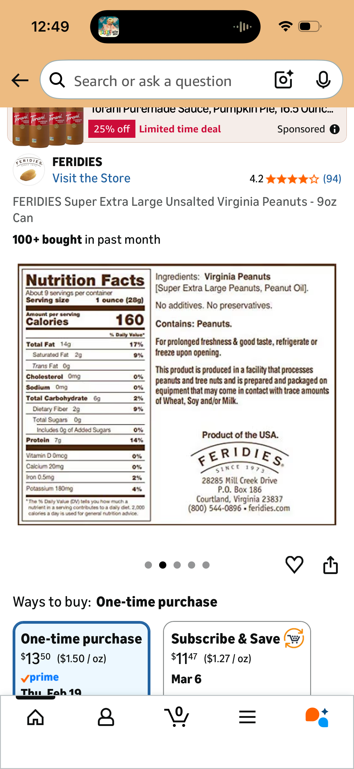 FERIDIES Super Extra Large Unsalted Virginia Peanuts - 9oz Can