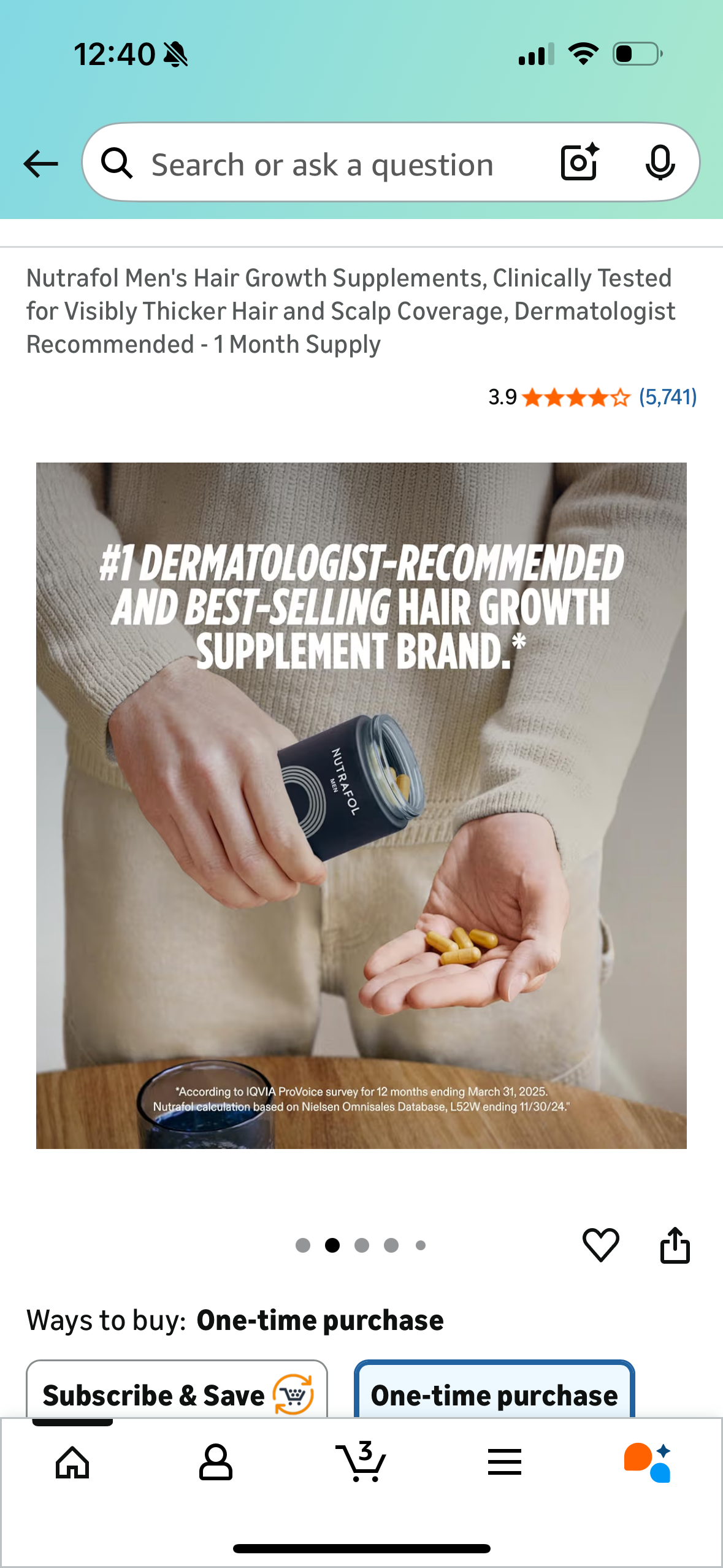 Nutrafol Men's Hair Growth Supplements, Clinically Tested for Visibly Thicker Hair and Scalp Coverage, Dermatologist Recommended - 1 Month Supply