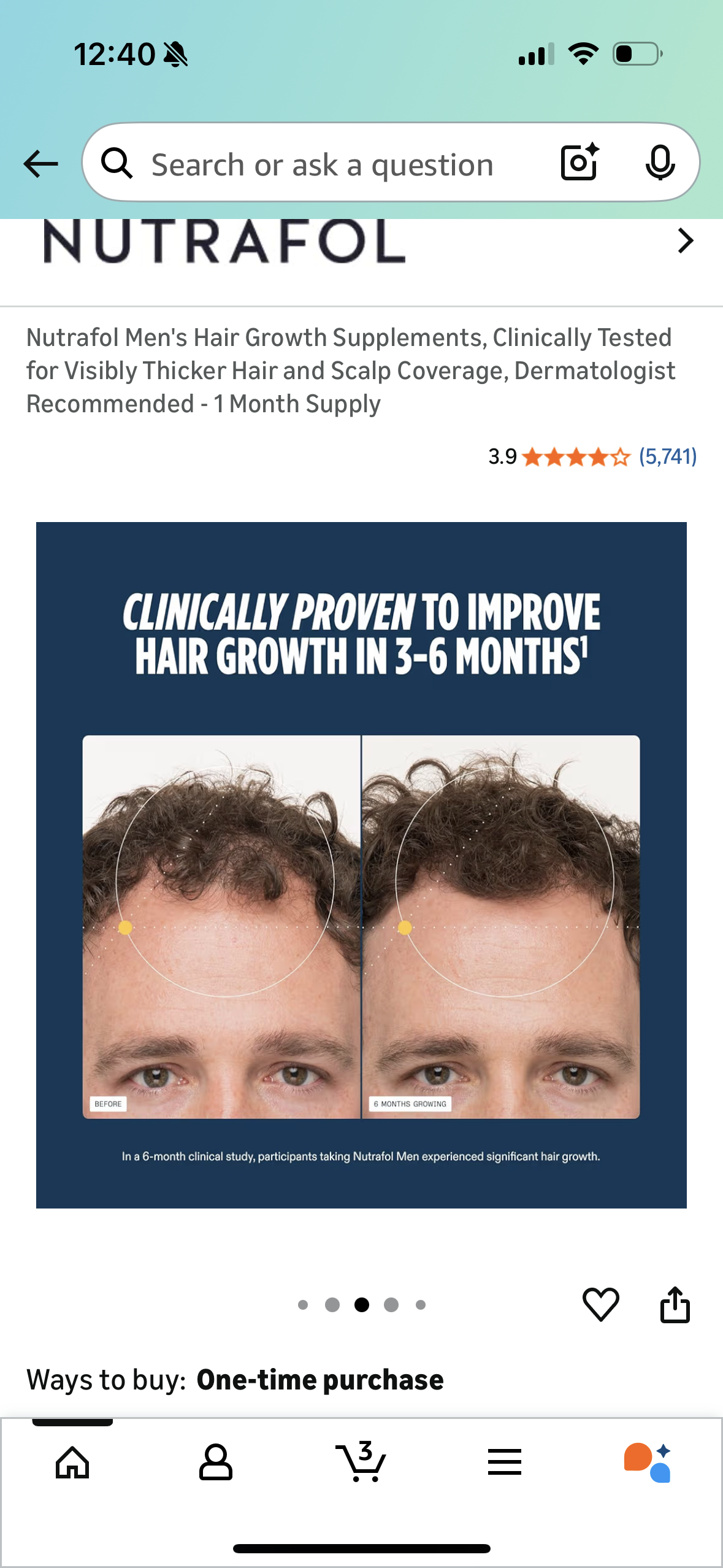 Nutrafol Men's Hair Growth Supplements, Clinically Tested for Visibly Thicker Hair and Scalp Coverage, Dermatologist Recommended - 1 Month Supply