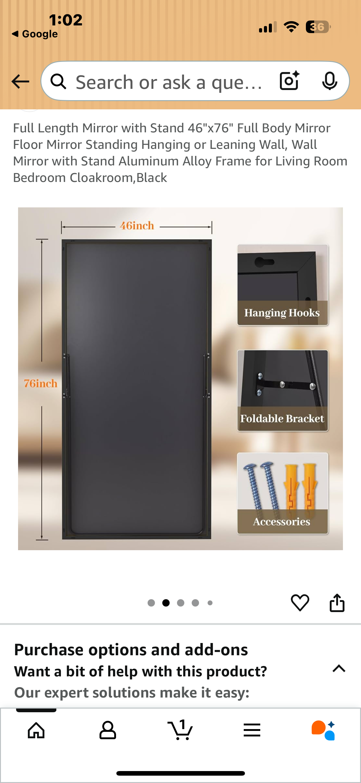 Full Length Mirror with Stand, 46"x76" Full Body Mirror, Floor Mirror, Standing, Hanging or Leaning, with Aluminum Alloy Frame for Living Room Bedroom Cloakroom, Black (M396)