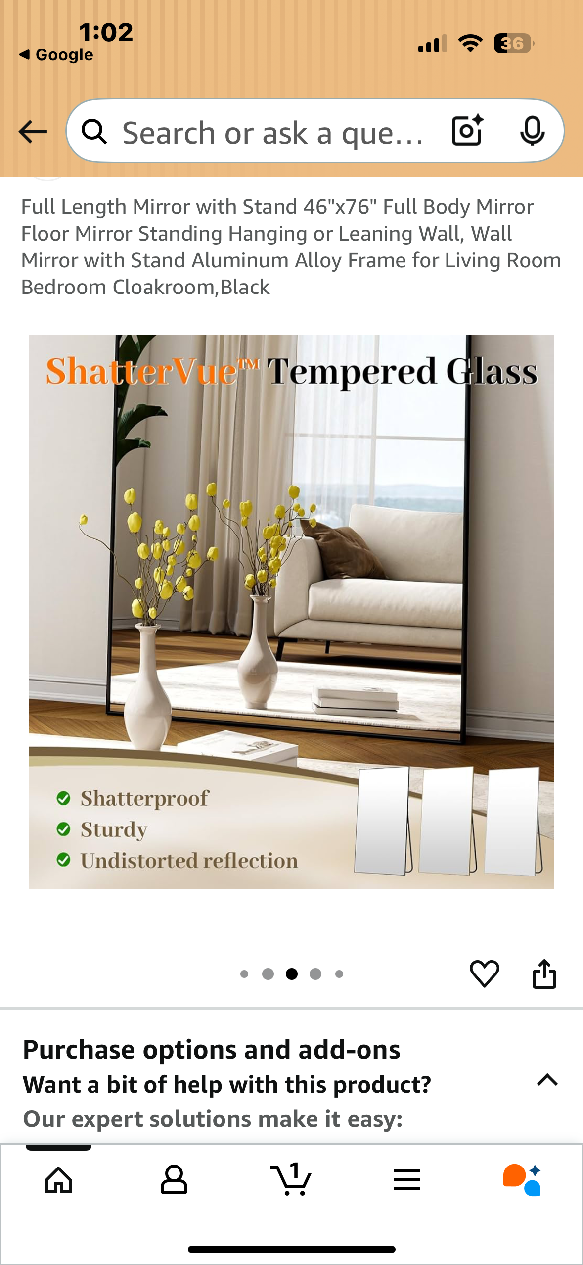 Full Length Mirror with Stand, 46"x76" Full Body Mirror, Floor Mirror, Standing, Hanging or Leaning, with Aluminum Alloy Frame for Living Room Bedroom Cloakroom, Black (M396)