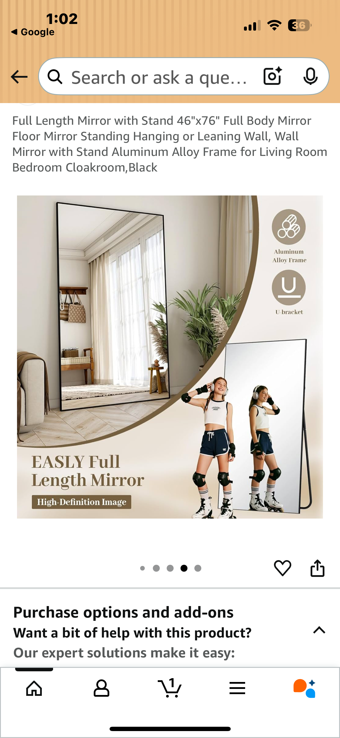 Full Length Mirror with Stand, 46"x76" Full Body Mirror, Floor Mirror, Standing, Hanging or Leaning, with Aluminum Alloy Frame for Living Room Bedroom Cloakroom, Black (M396)