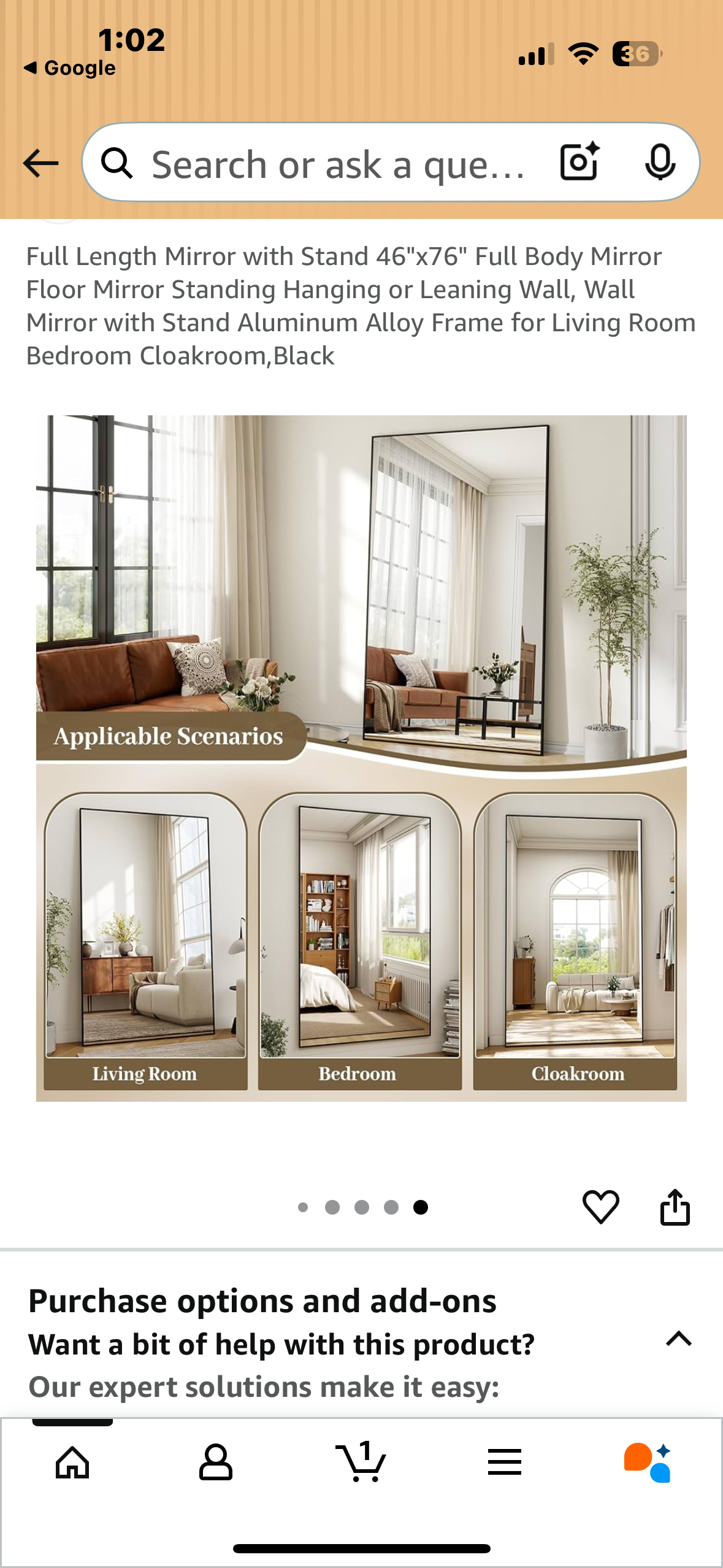 Full Length Mirror with Stand, 46"x76" Full Body Mirror, Floor Mirror, Standing, Hanging or Leaning, with Aluminum Alloy Frame for Living Room Bedroom Cloakroom, Black (M396)