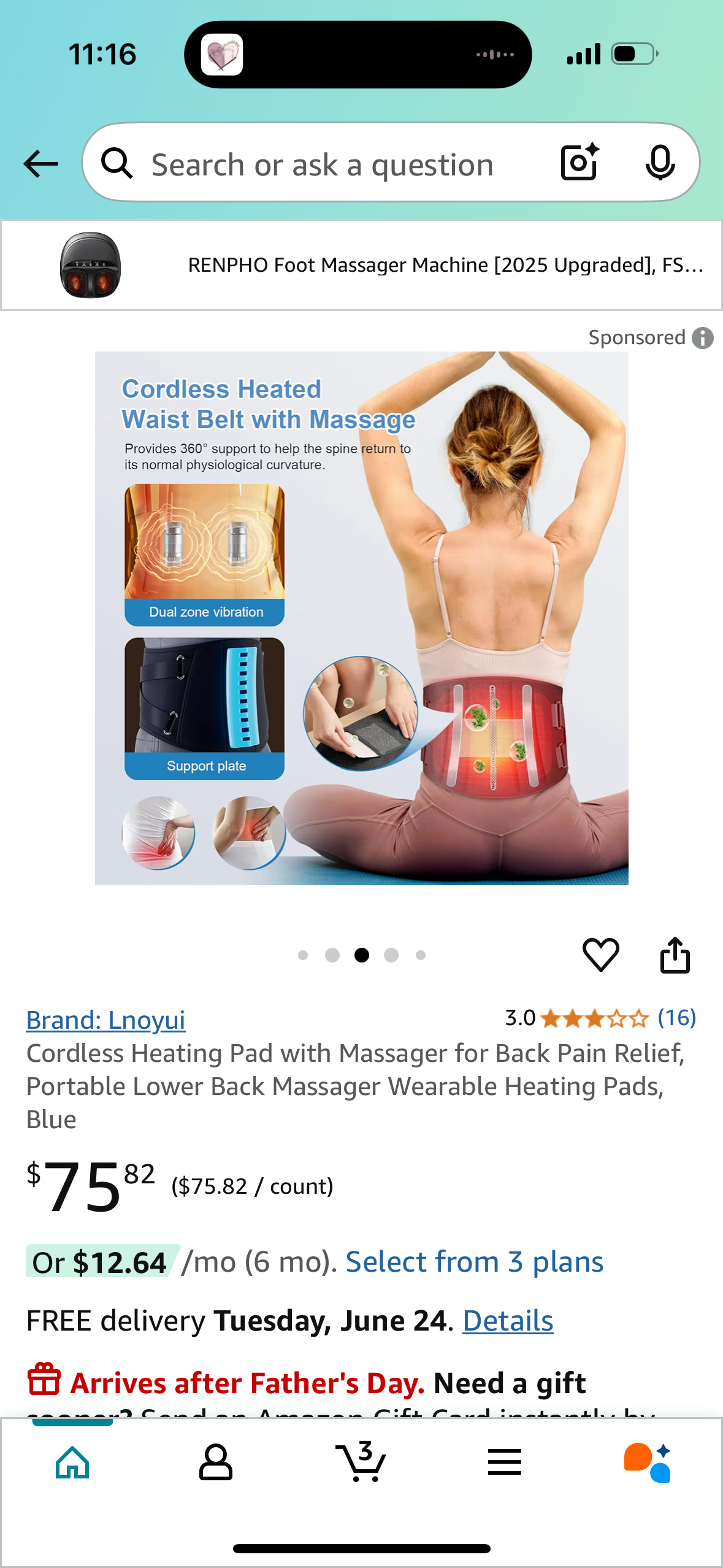 Cordless Heating Pad with Massager for Back Pain Relief, Portable Lower Back Massager Wearable Heating Pads