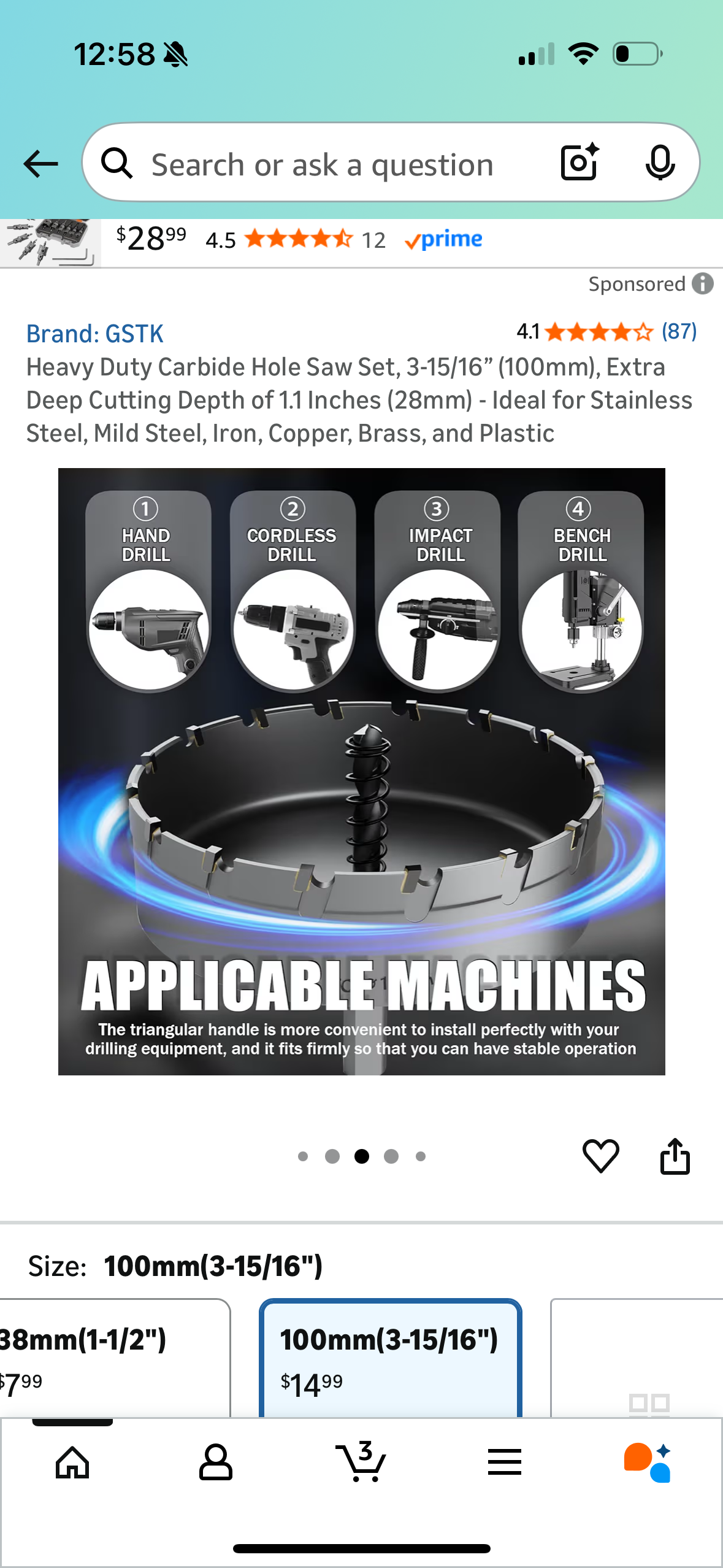 Heavy Duty Carbide Hole Saw Set, 3-15/16” (100mm), Extra Deep Cutting Depth of 1.1 Inches (28mm) - Ideal for Stainless Steel, Mild Steel, Iron, Copper, Brass, and Plastic