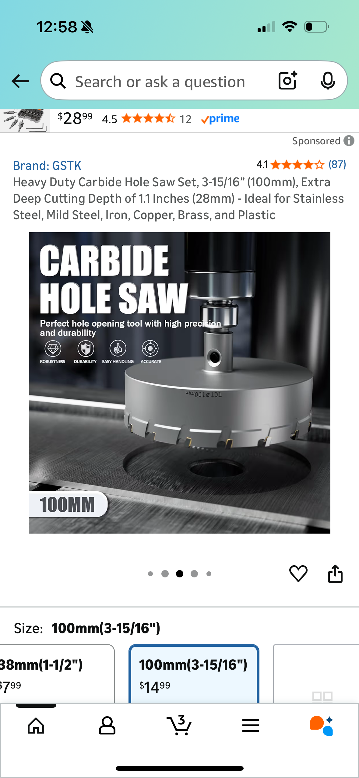 Heavy Duty Carbide Hole Saw Set, 3-15/16” (100mm), Extra Deep Cutting Depth of 1.1 Inches (28mm) - Ideal for Stainless Steel, Mild Steel, Iron, Copper, Brass, and Plastic