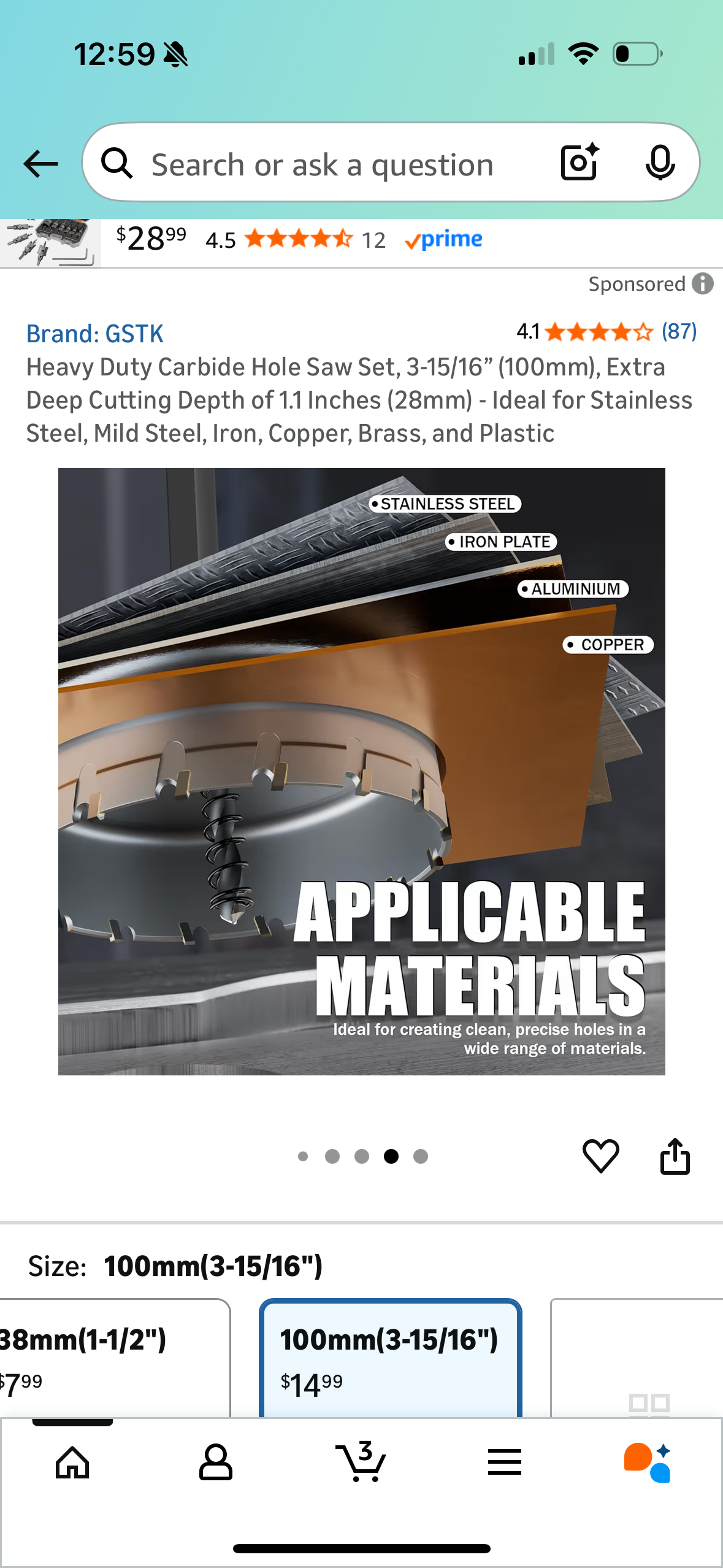 Heavy Duty Carbide Hole Saw Set, 3-15/16” (100mm), Extra Deep Cutting Depth of 1.1 Inches (28mm) - Ideal for Stainless Steel, Mild Steel, Iron, Copper, Brass, and Plastic
