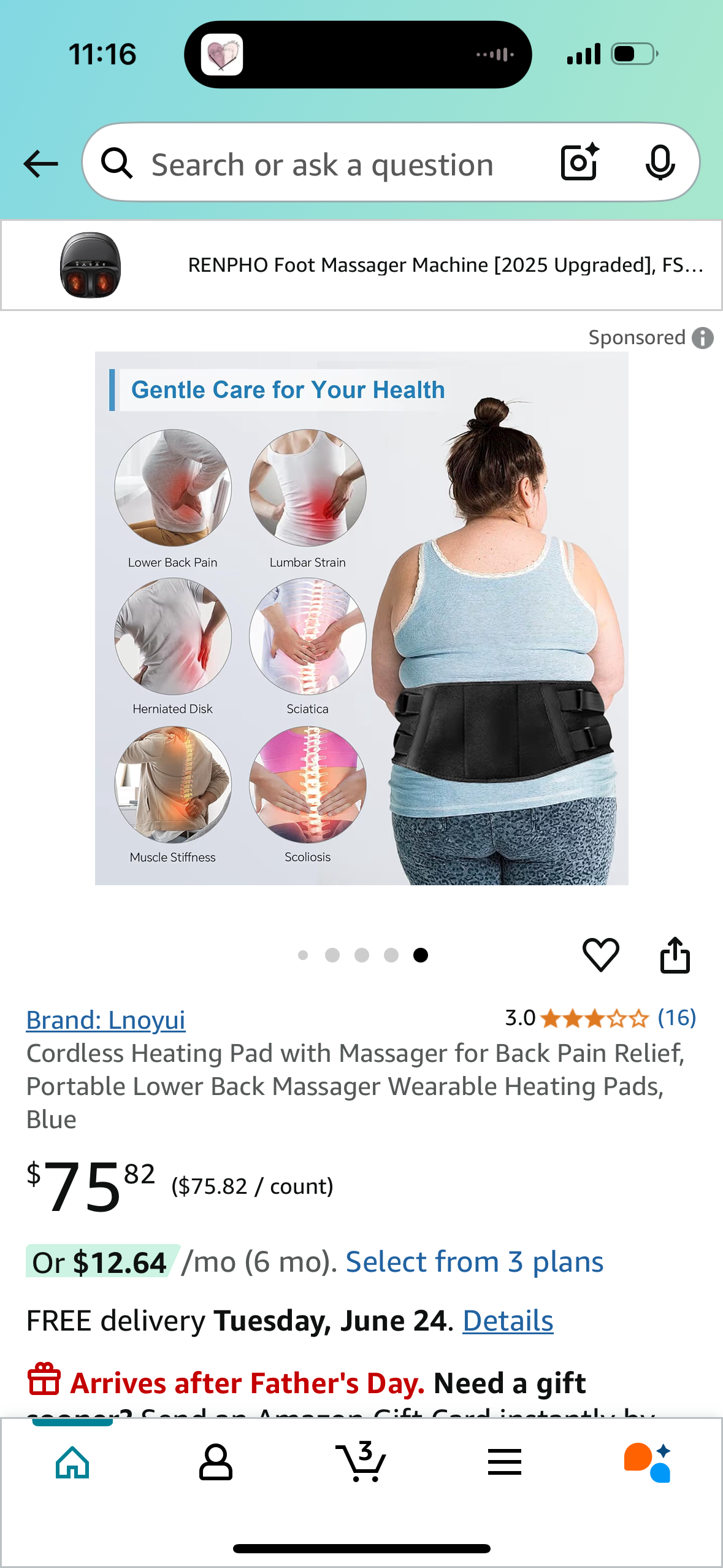 Cordless Heating Pad with Massager for Back Pain Relief, Portable Lower Back Massager Wearable Heating Pads