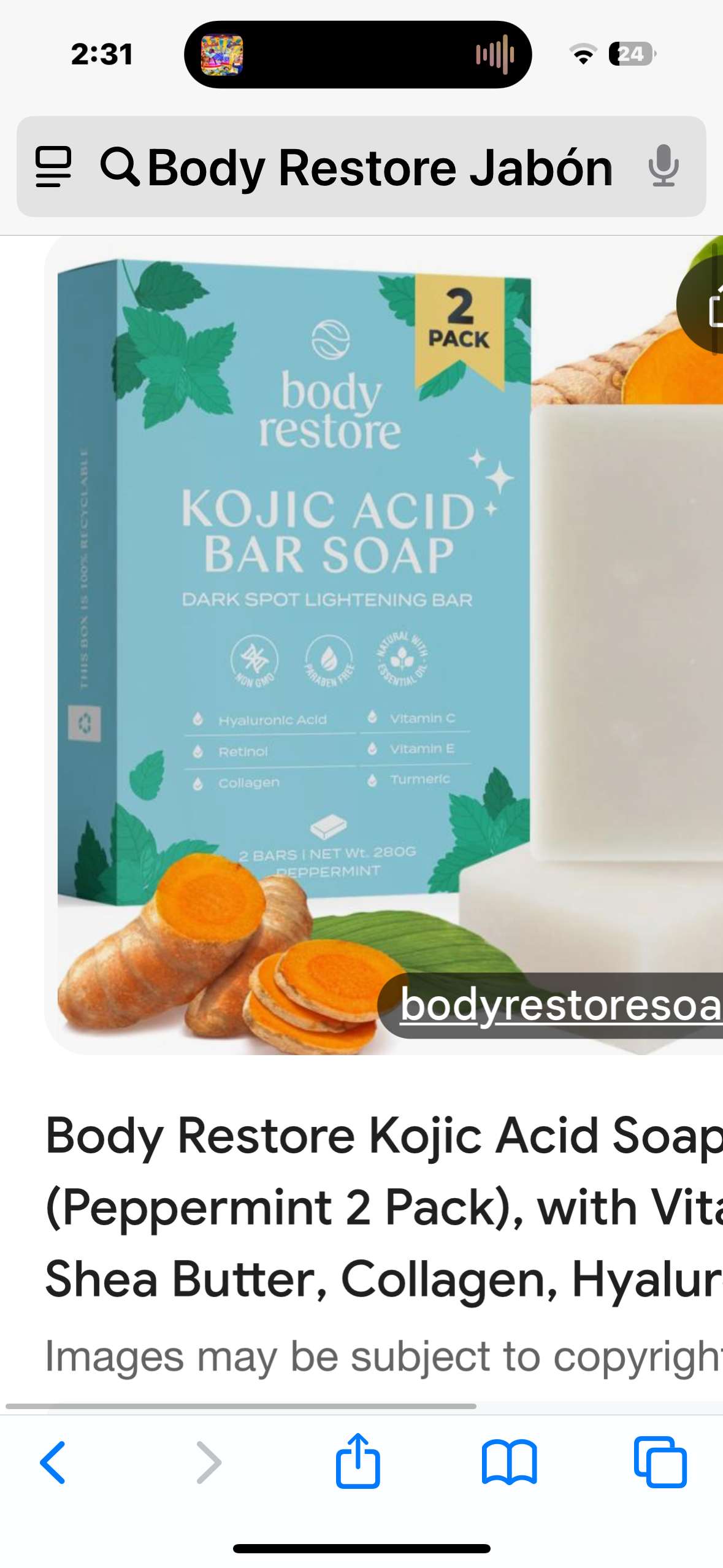 Body Restore Jabón De Ácido Kójico (Menta 2 Unidades) , Con Vitamina C, E, Manteca De Karité, Colágeno, Ácido Hialurónico, Cúrcuma, Retinol Para