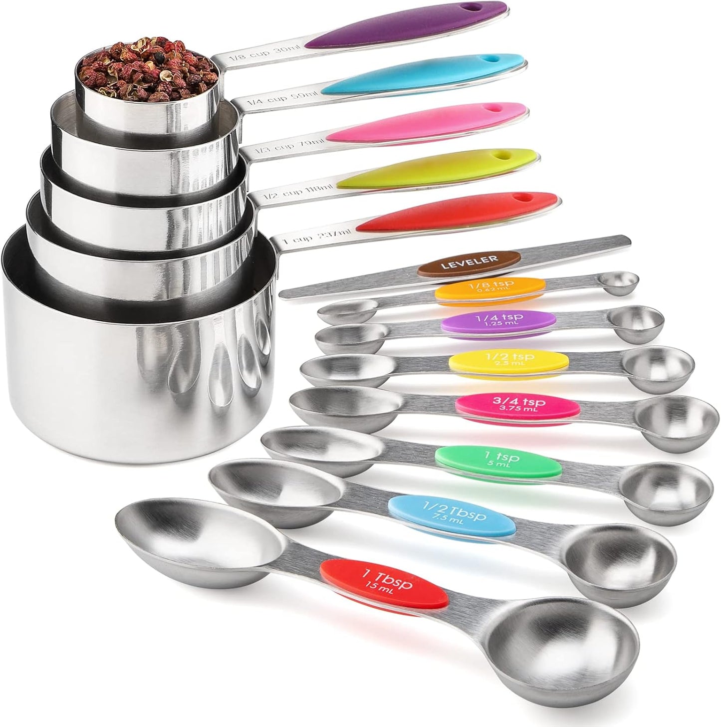 Measuring Cups and Spoons Set Stainless Steel Includes 5 Metal Measuring Cups 7 Magnetic Measuring Spoons and 1 Leveler for Dry or Liquid Ingredients
