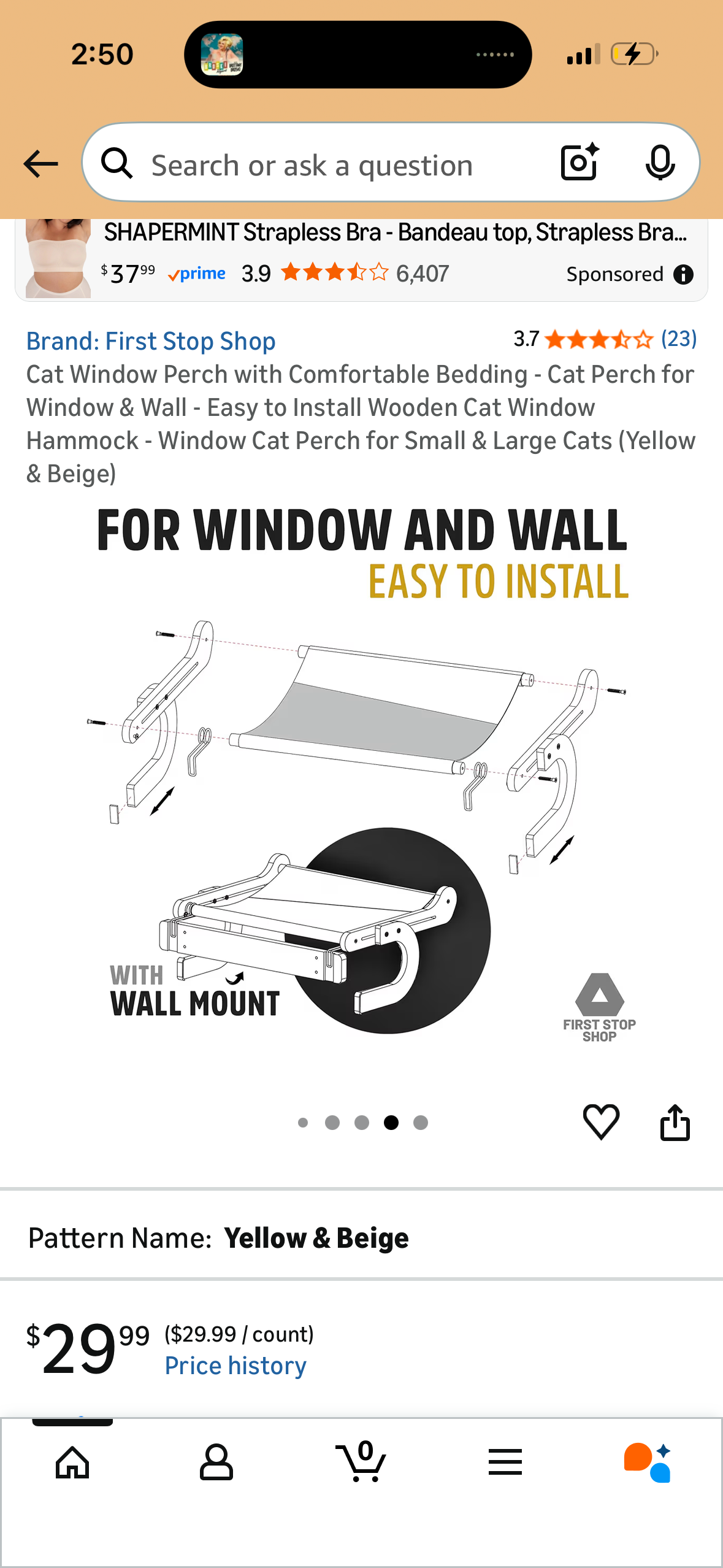 Cat Window Perch with Comfortable Bedding - Cat Perch for Window & Wall - Easy to Install Wooden Cat Window Hammock - Window Cat Perch for Small & Large Cats (Yellow & Beige)