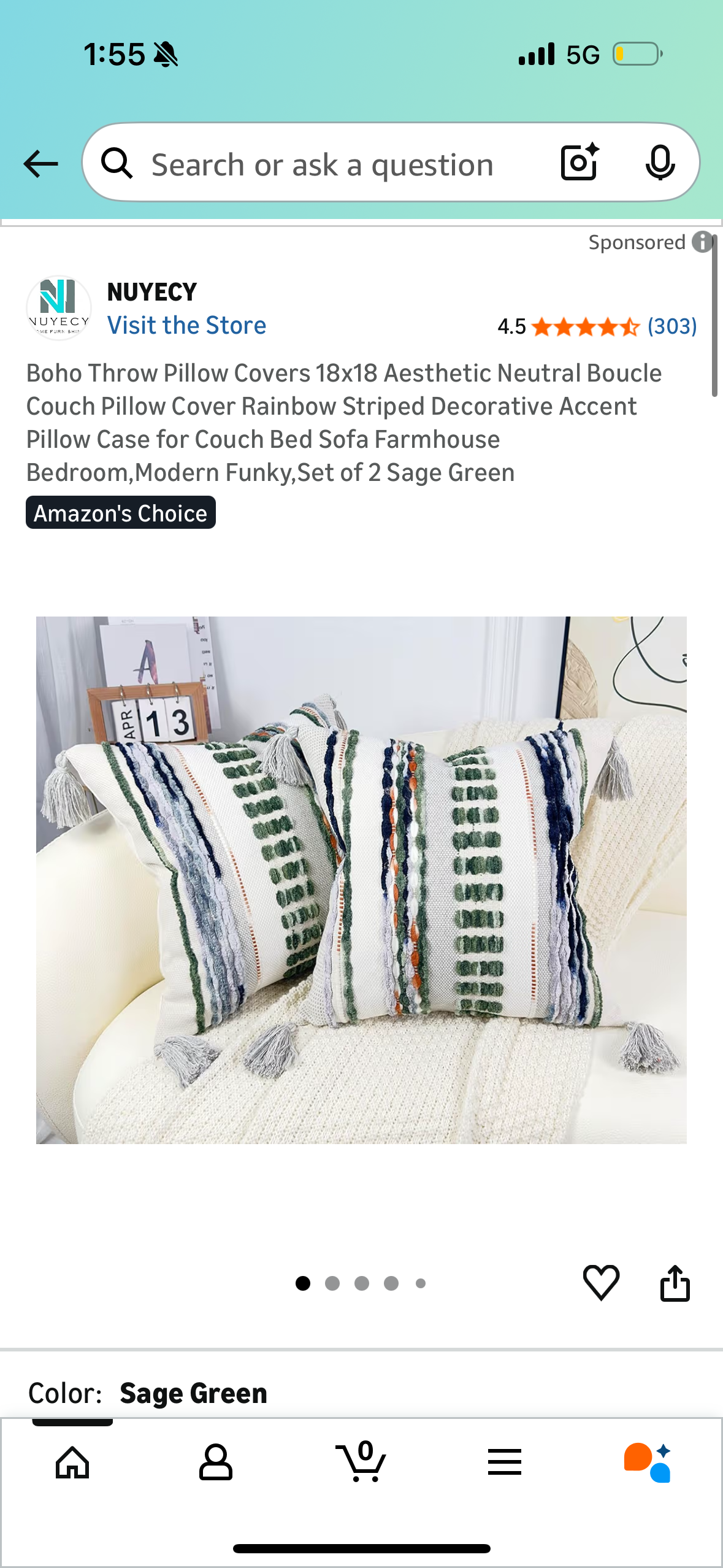 Boho Throw Pillow Covers 18x18 Aesthetic Neutral Boucle Couch Pillow Cover Rainbow Striped Decorative Accent Pillow Case for Couch Bed Sofa Farmhouse Bedroom,Modern Funky,Set of 2 Sage Green