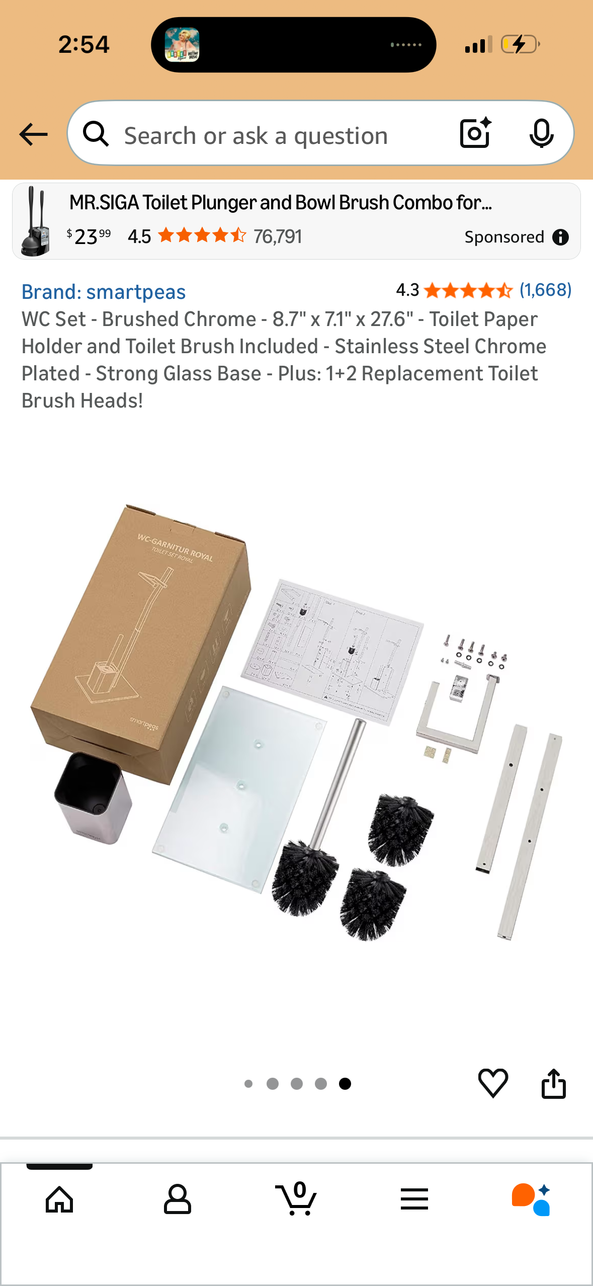 WC Set - Brushed Chrome - 8.7" x 7.1" x 27.6" - Toilet Paper Holder and Toilet Brush Included - Stainless Steel Chrome Plated - Strong Glass Base - Plus: 1+2 Replacement Toilet Brush Heads!