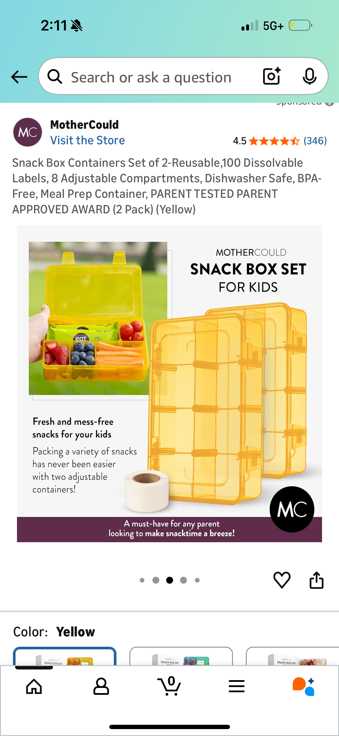 Snack Box Containers Set of 2-Reusable,100 Dissolvable Labels, 8 Adjustable Compartments, Dishwasher Safe, BPA-Free, Meal Prep Container, PARENT TESTED PARENT APPROVED AWARD (2 Pack) (Yellow)