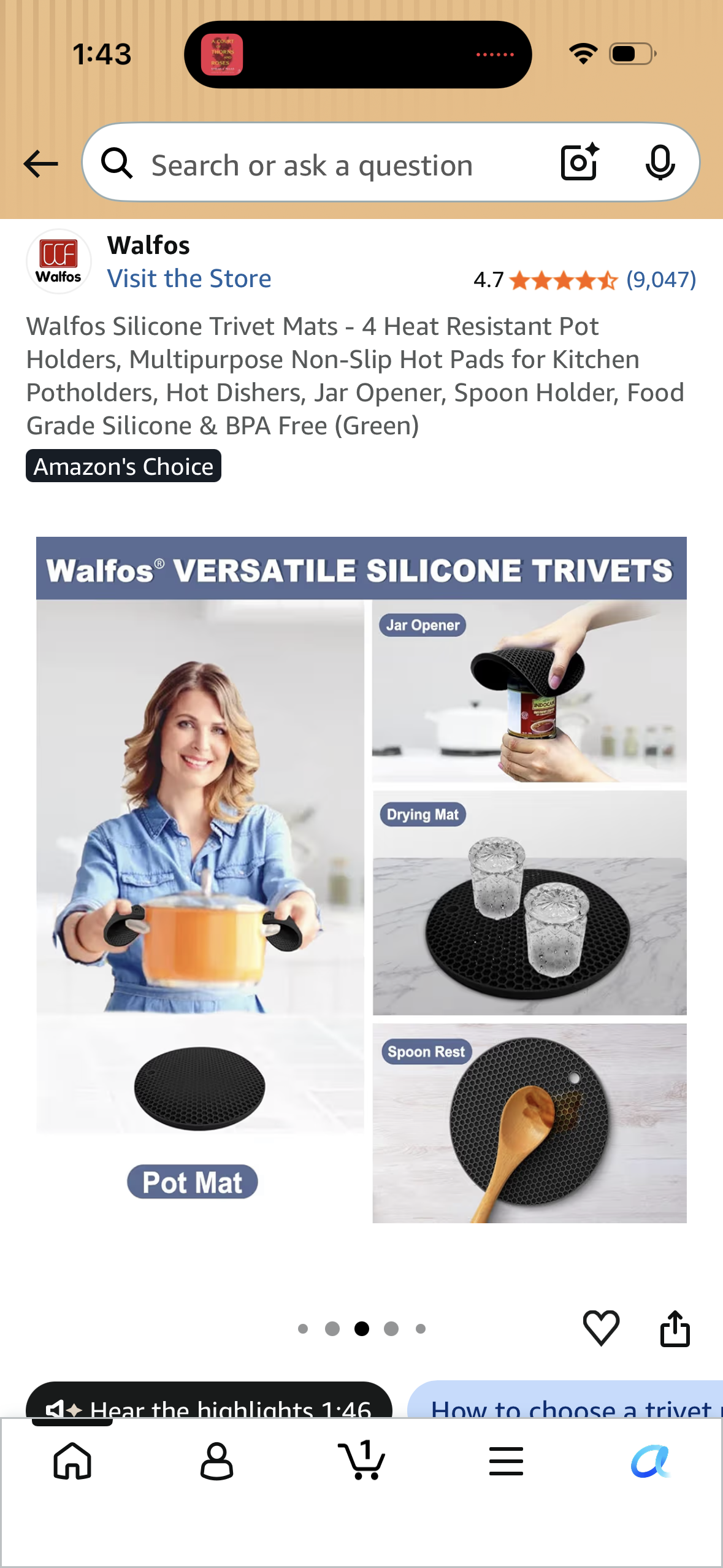 Walfos Silicone Trivet Mats - 4 Heat Resistant Pot Holders, Multipurpose Non-Slip Hot Pads for Kitchen Potholders, Hot Dishers, Jar Opener, Spoon Holder, Food Grade Silicone & BPA Free (Green)