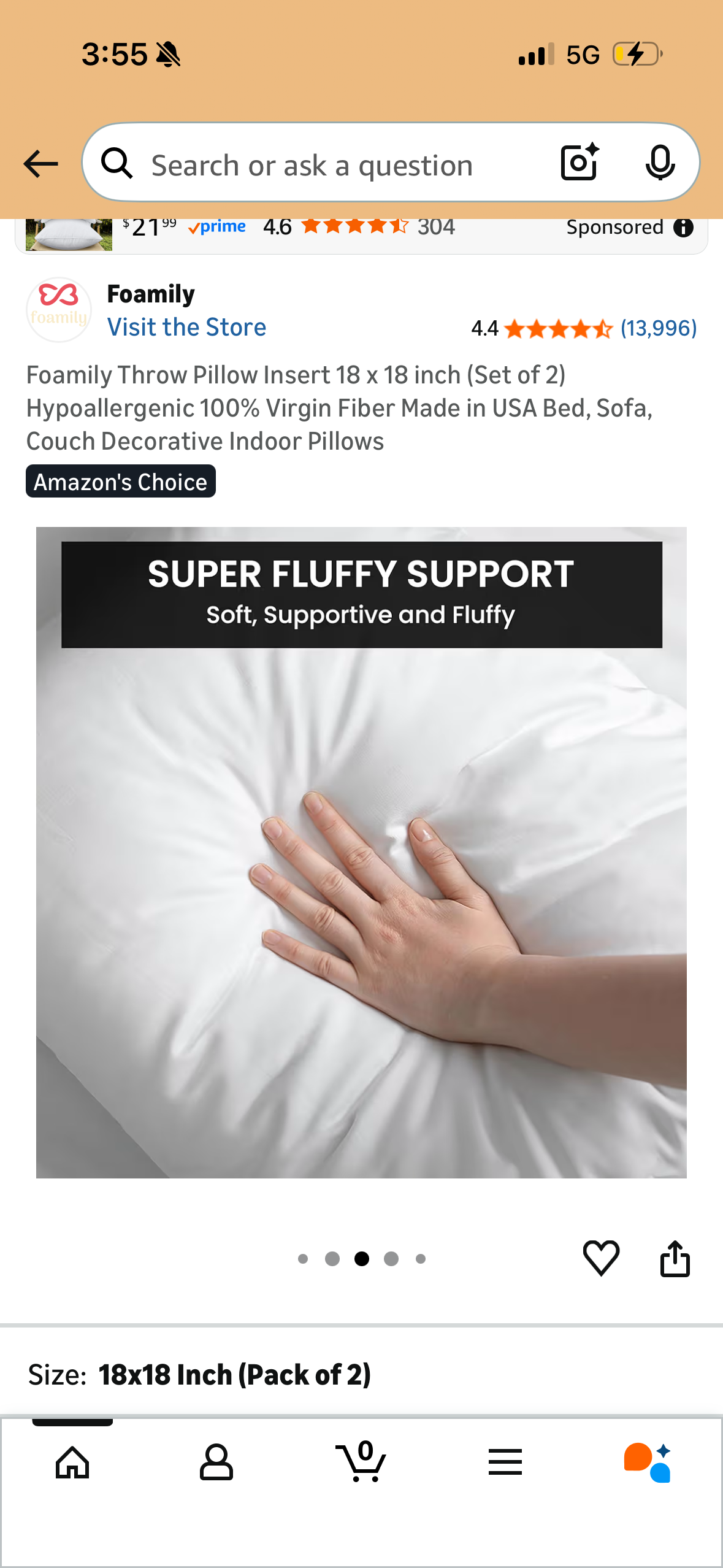 Foamily Throw Pillow Insert 18 x 18 inch (Set of 2) Hypoallergenic 100% Virgin Fiber Made in USA Bed, Sofa, Couch Decorative Indoor Pillows