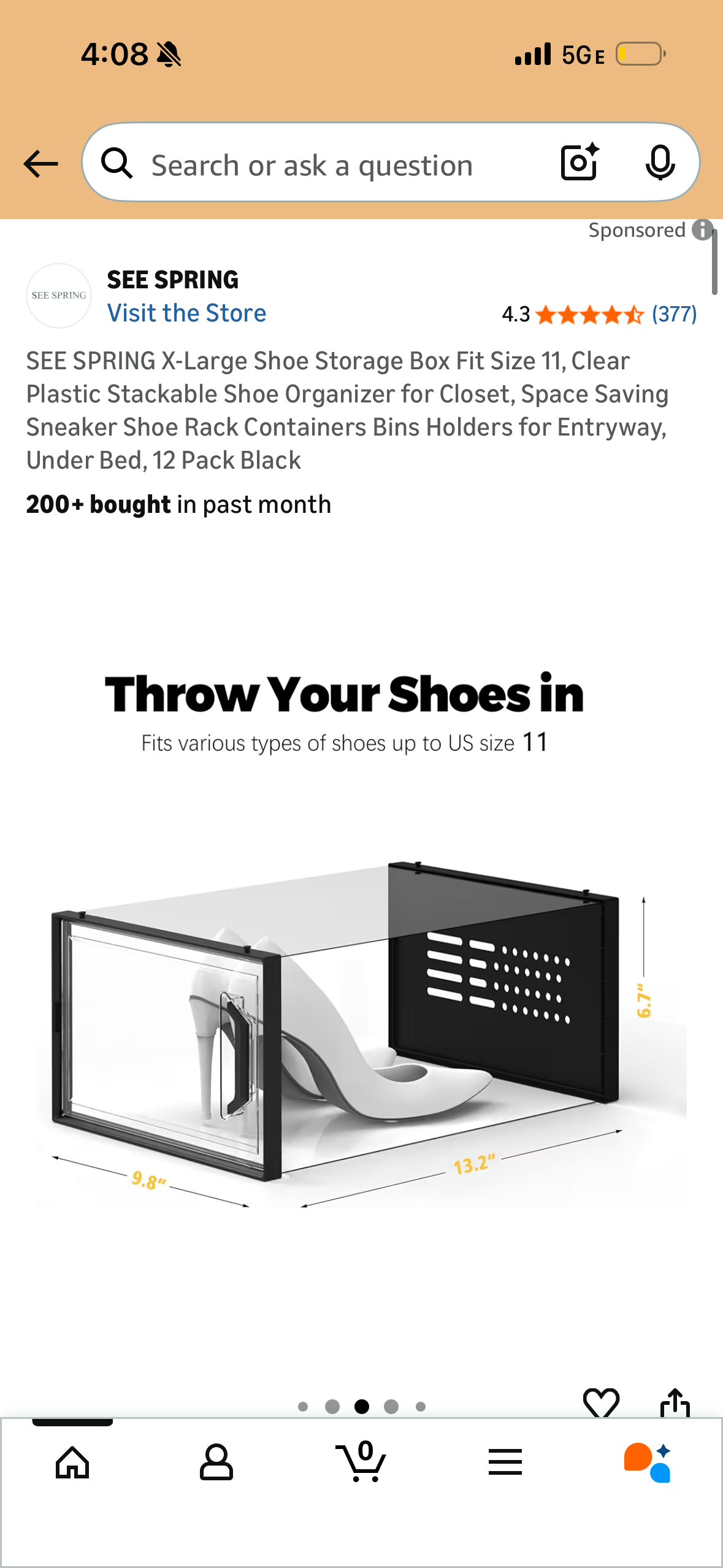 SEE SPRING X-Large Shoe Storage Box Fit Size 11, Clear Plastic Stackable Shoe Organizer for Closet, Space Saving Sneaker Shoe Rack Containers Bins Holders for Entryway, Under Bed, 12 Pack Black