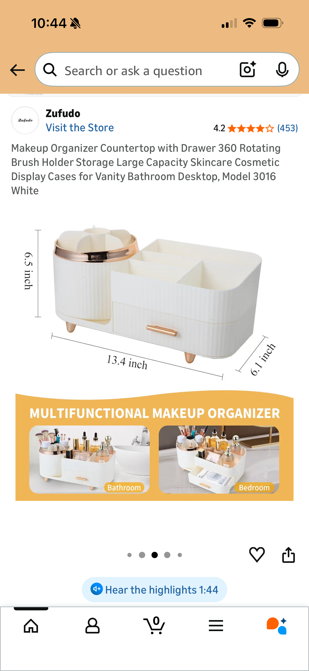 Makeup Organizer Countertop with Drawer 360 Rotating Brush Holder Storage Large Capacity Skincare Cosmetic Display Cases for Vanity Bathroom Desktop, Model 3016 White