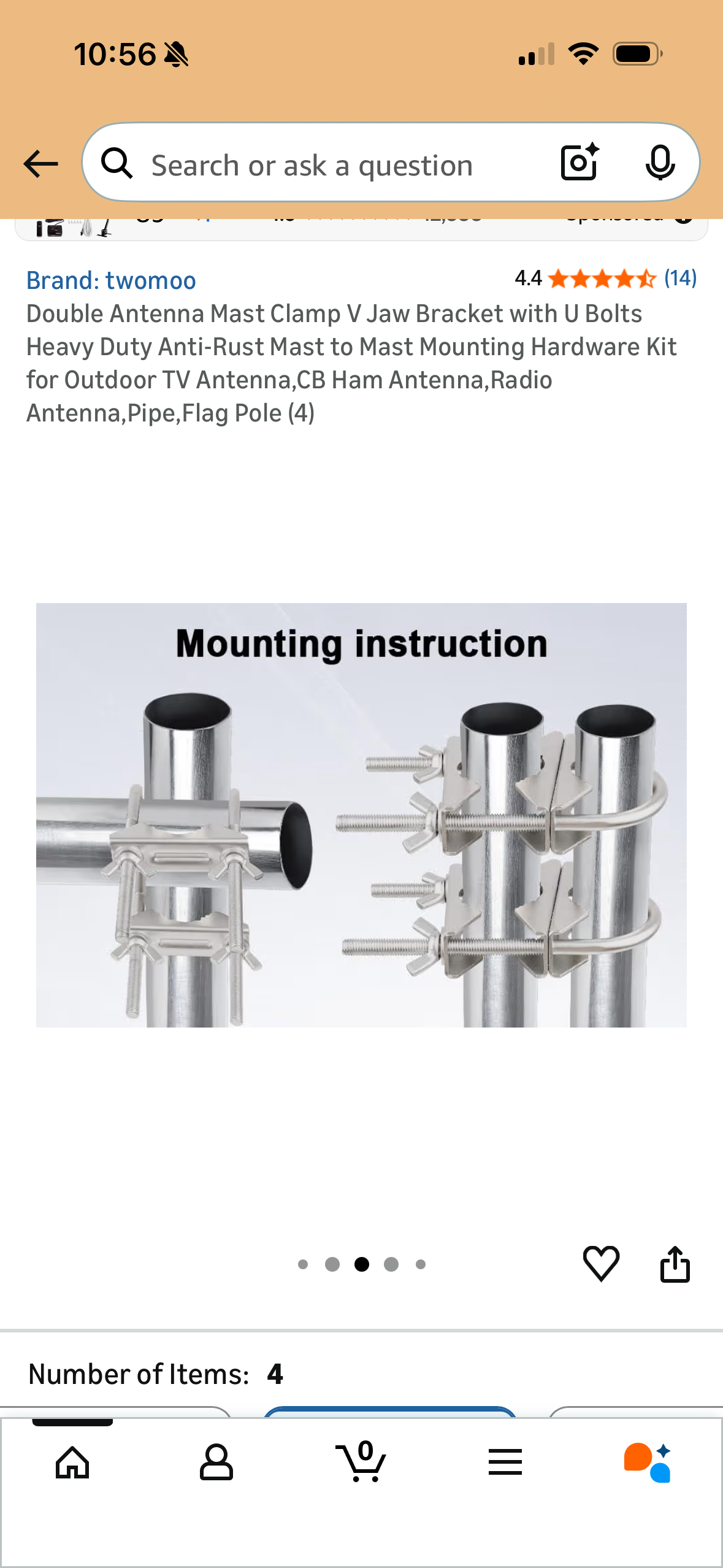 Double Antenna Mast Clamp V Jaw Bracket with U Bolts Heavy Duty Anti-Rust Mast to Mast Mounting Hardware Kit for Outdoor TV Antenna,CB Ham Antenna,Radio Antenna,Pipe,Flag Pole (4)