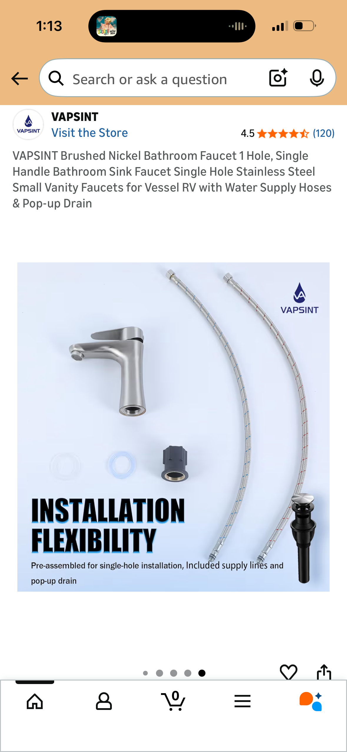 VAPSINT Brushed Nickel Bathroom Faucet 1 Hole, Single Handle Bathroom Sink Faucet Single Hole Stainless Steel Small Vanity Faucets for Vessel RV with Water Supply Hoses & Pop-up Drain