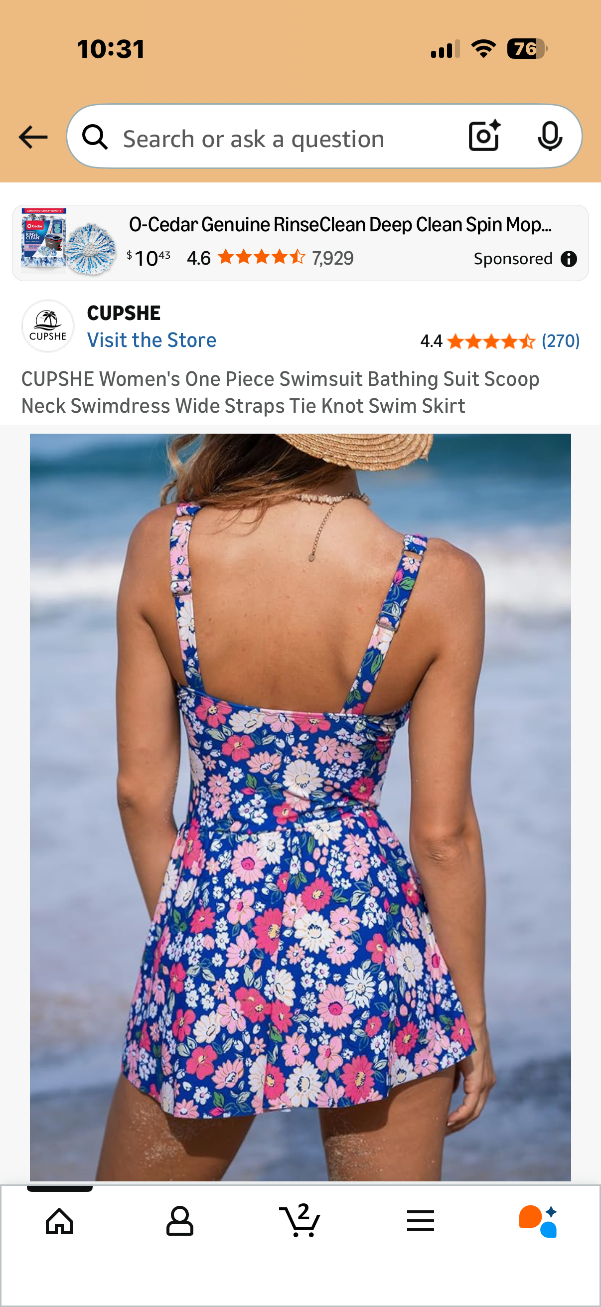 CUPSHE Women's One Piece Swimsuit Bathing Suit Scoop Neck Swimdress Wide Straps Tie Knot Swim Skirt (Size Small)