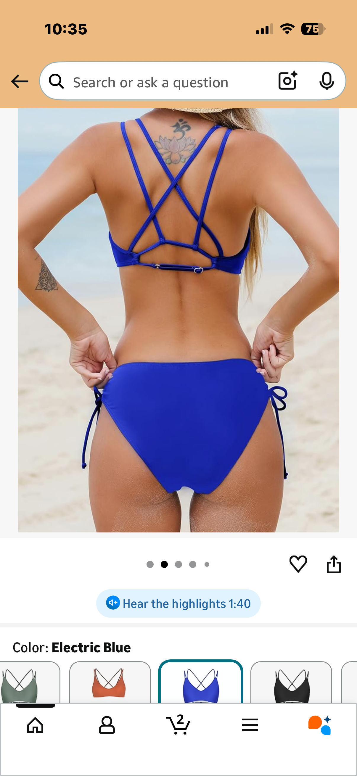 CUPSHE Women Swimsuit Bikini Set Two Piece Bathing Suit Criss Cross Back Strappy Side with Double Spaghetti Straps (Size XL)