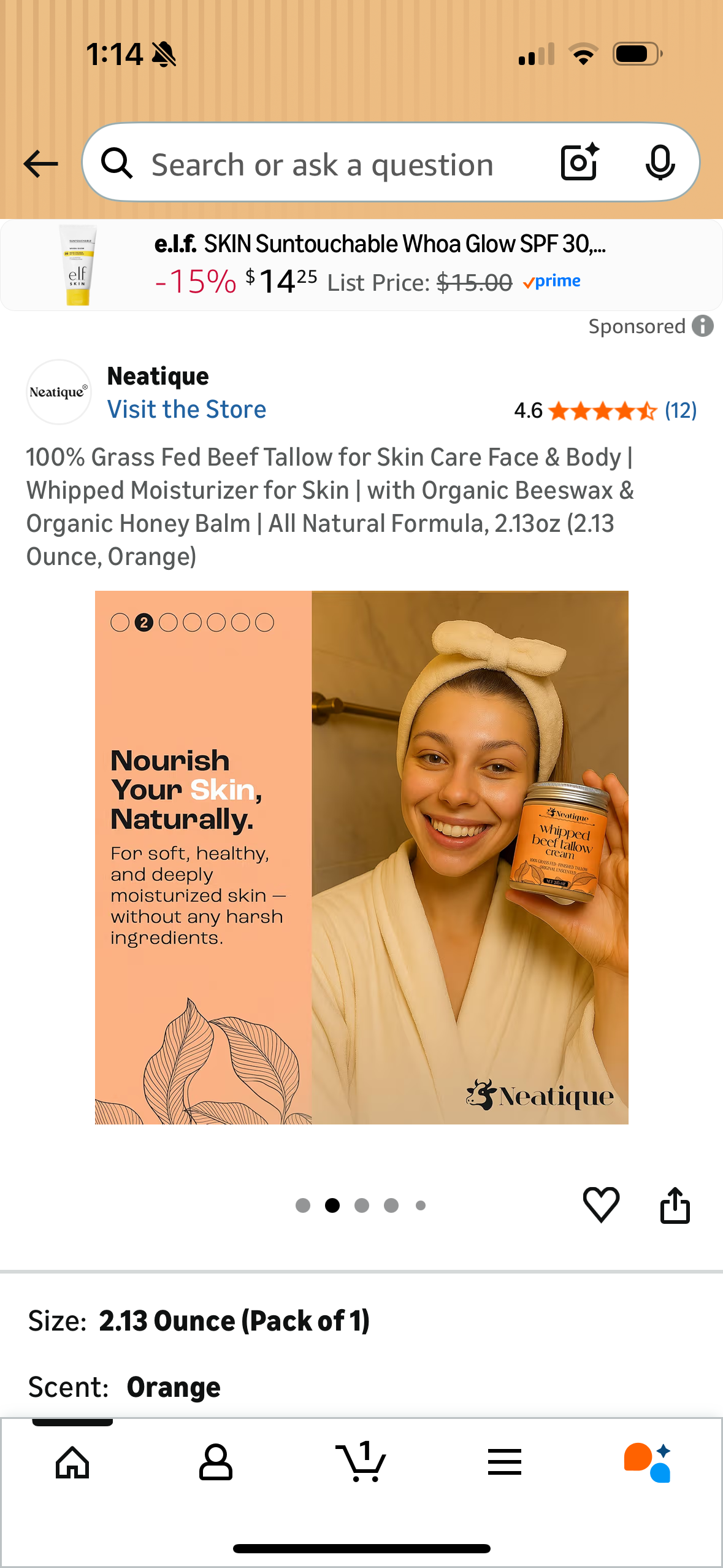 100% Grass Fed Beef Tallow for Skin Care Face & Body | Whipped Moisturizer for Skin | with Organic Beeswax & Organic Honey Balm | All Natural Formula, 2.13oz (2.13 Ounce, Orange)