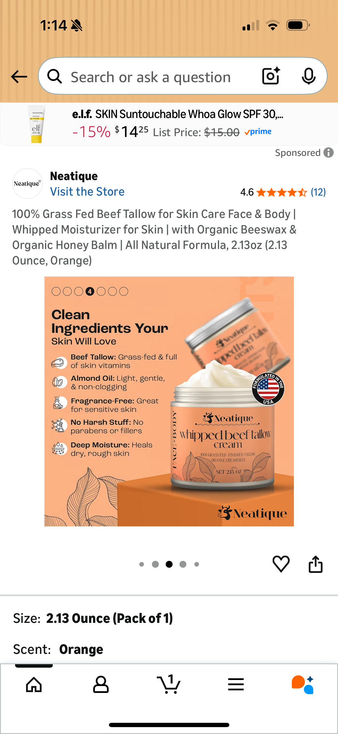 100% Grass Fed Beef Tallow for Skin Care Face & Body | Whipped Moisturizer for Skin | with Organic Beeswax & Organic Honey Balm | All Natural Formula, 2.13oz (2.13 Ounce, Orange)