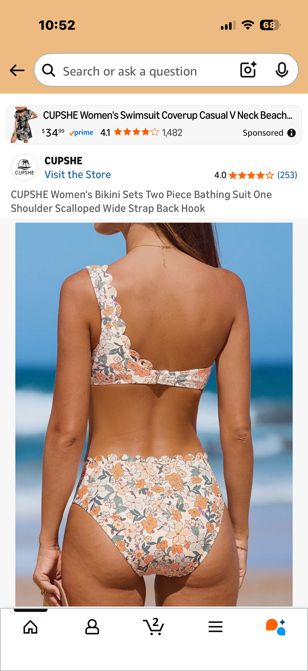 CUPSHE Women's Bikini Sets Two Piece Bathing Suit One Shoulder Scalloped Wide Strap Back Hook (Size XL)