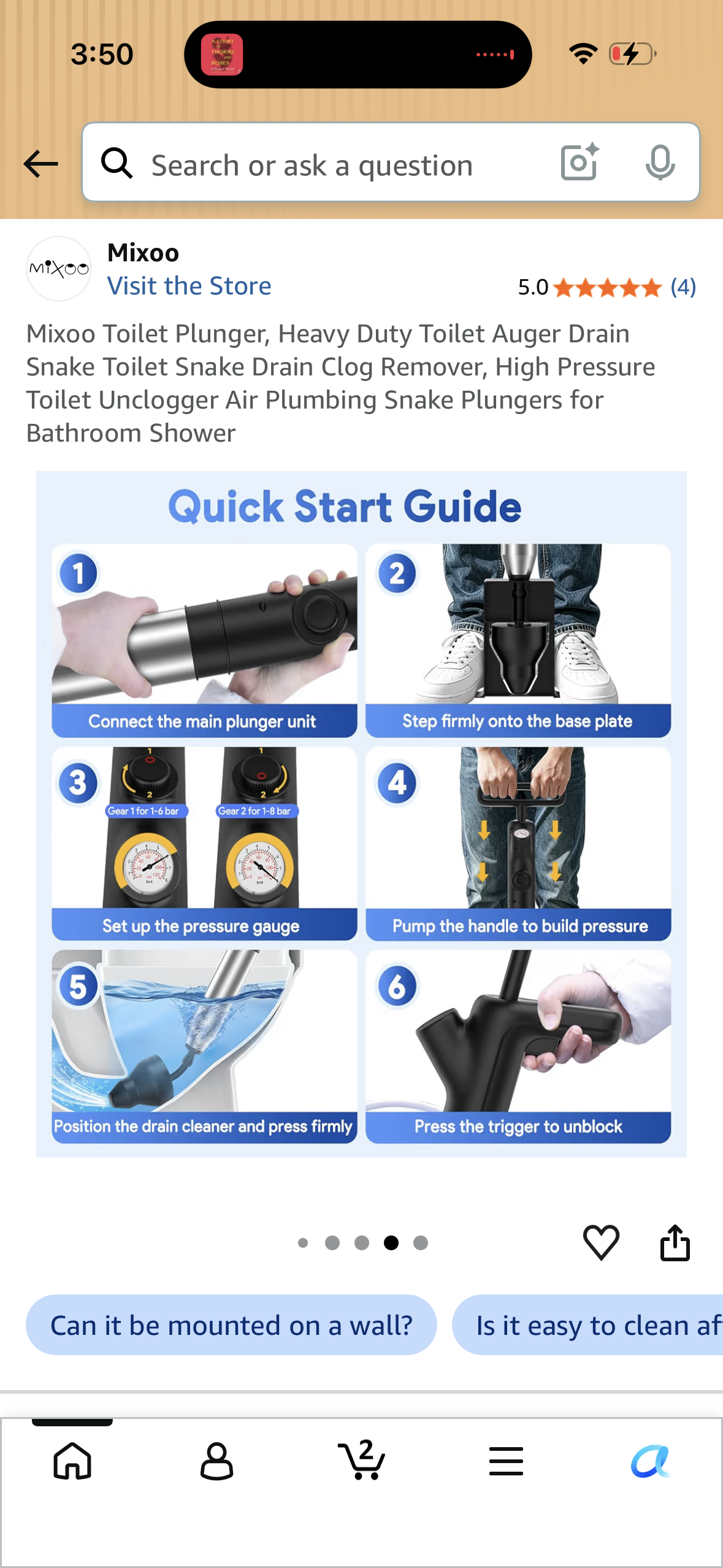 Mixoo Toilet Plunger, Heavy Duty Toilet Auger Drain Snake Toilet Snake Drain Clog Remover, High Pressure Toilet Unclogger Air Plumbing Snake Plungers for Bathroom Shower