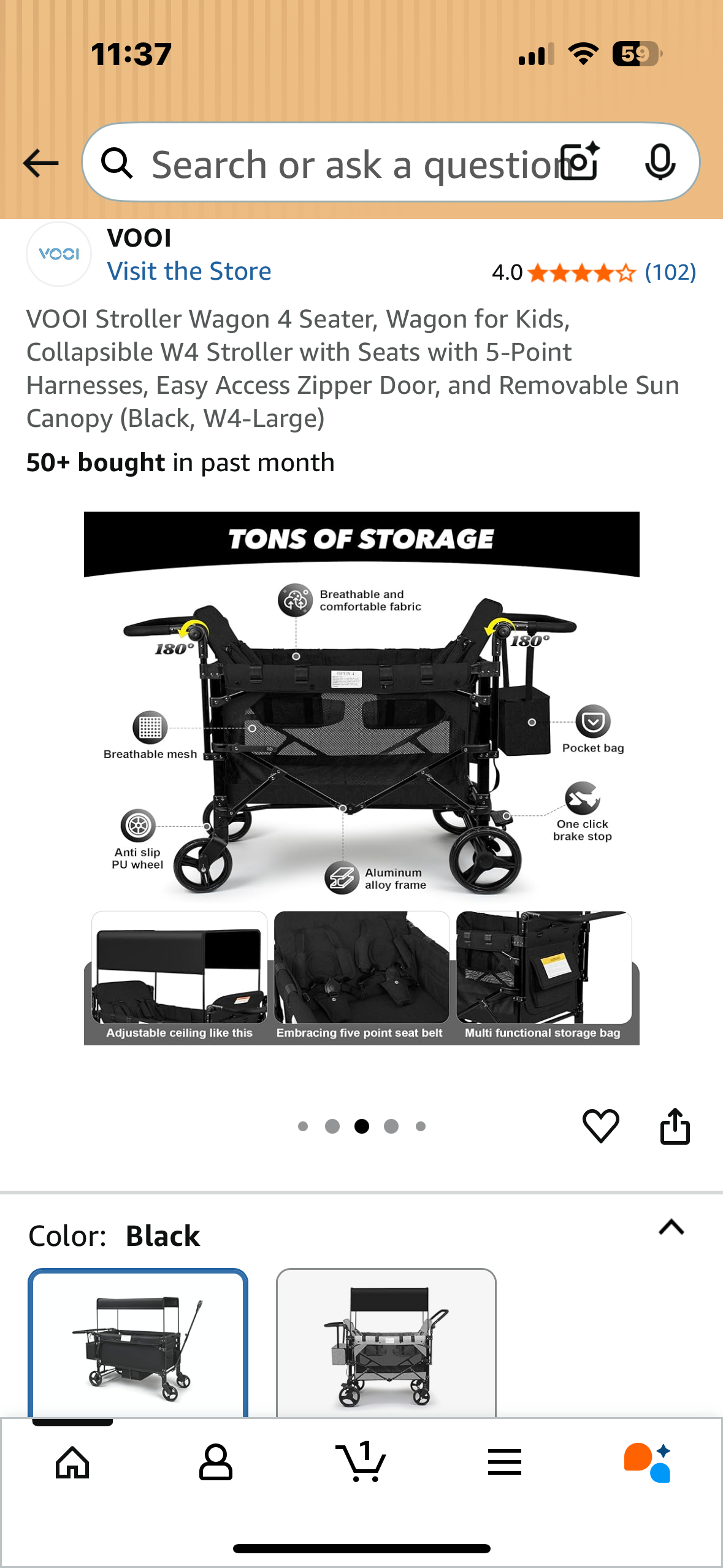 VOOI Stroller Wagon 4 Seater, Wagon for Kids, Collapsible W4 Stroller with Seats with 5-Point Harnesses, Easy Access Zipper Door, and Removable Sun Canopy (Black, W4-Large) (R697)