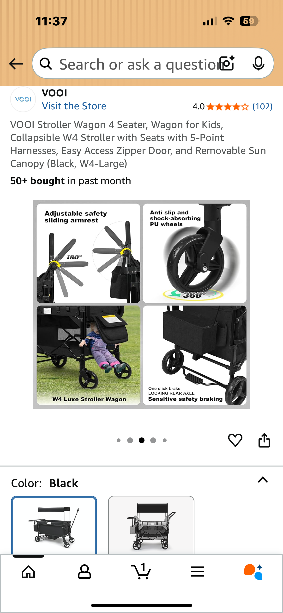 VOOI Stroller Wagon 4 Seater, Wagon for Kids, Collapsible W4 Stroller with Seats with 5-Point Harnesses, Easy Access Zipper Door, and Removable Sun Canopy (Black, W4-Large) (R697)