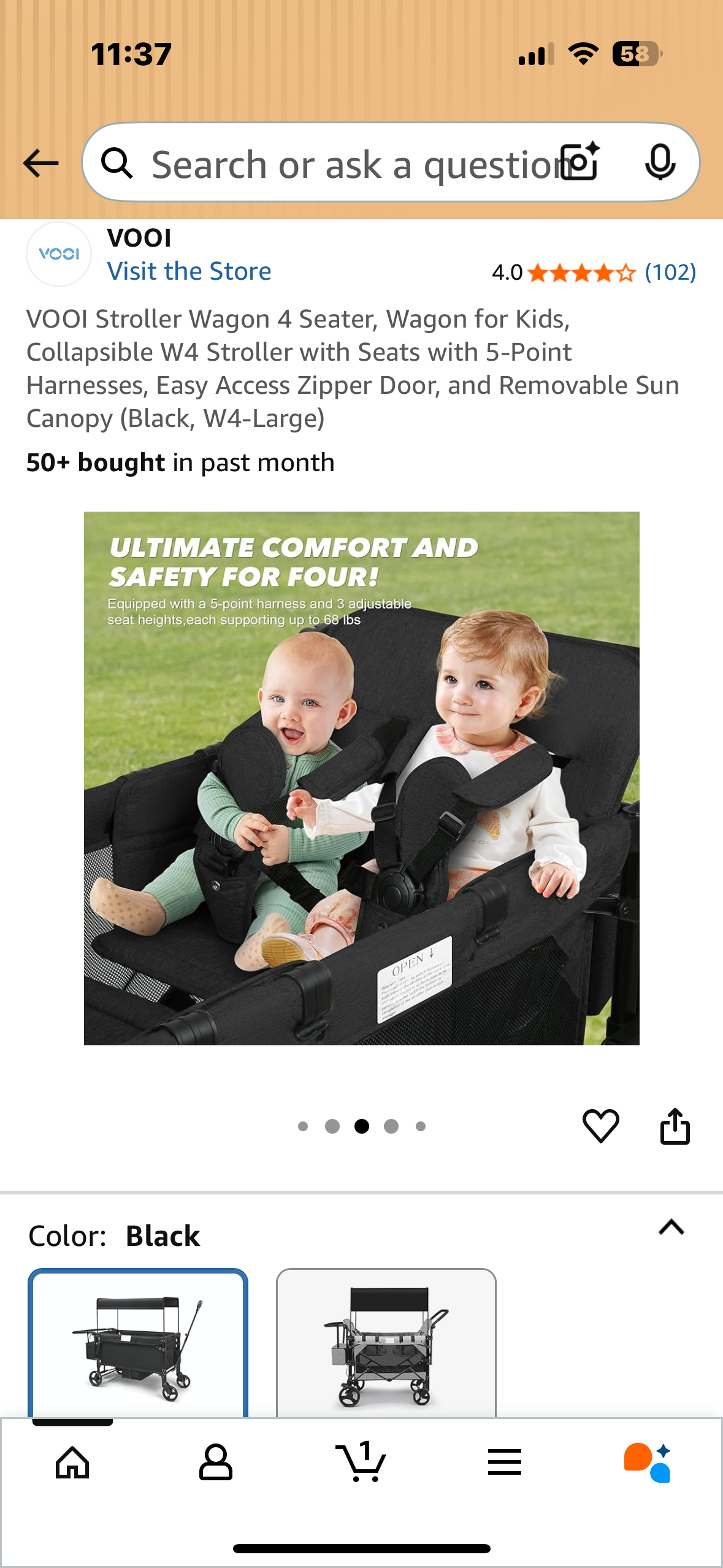 VOOI Stroller Wagon 4 Seater, Wagon for Kids, Collapsible W4 Stroller with Seats with 5-Point Harnesses, Easy Access Zipper Door, and Removable Sun Canopy (Black, W4-Large) (R697)